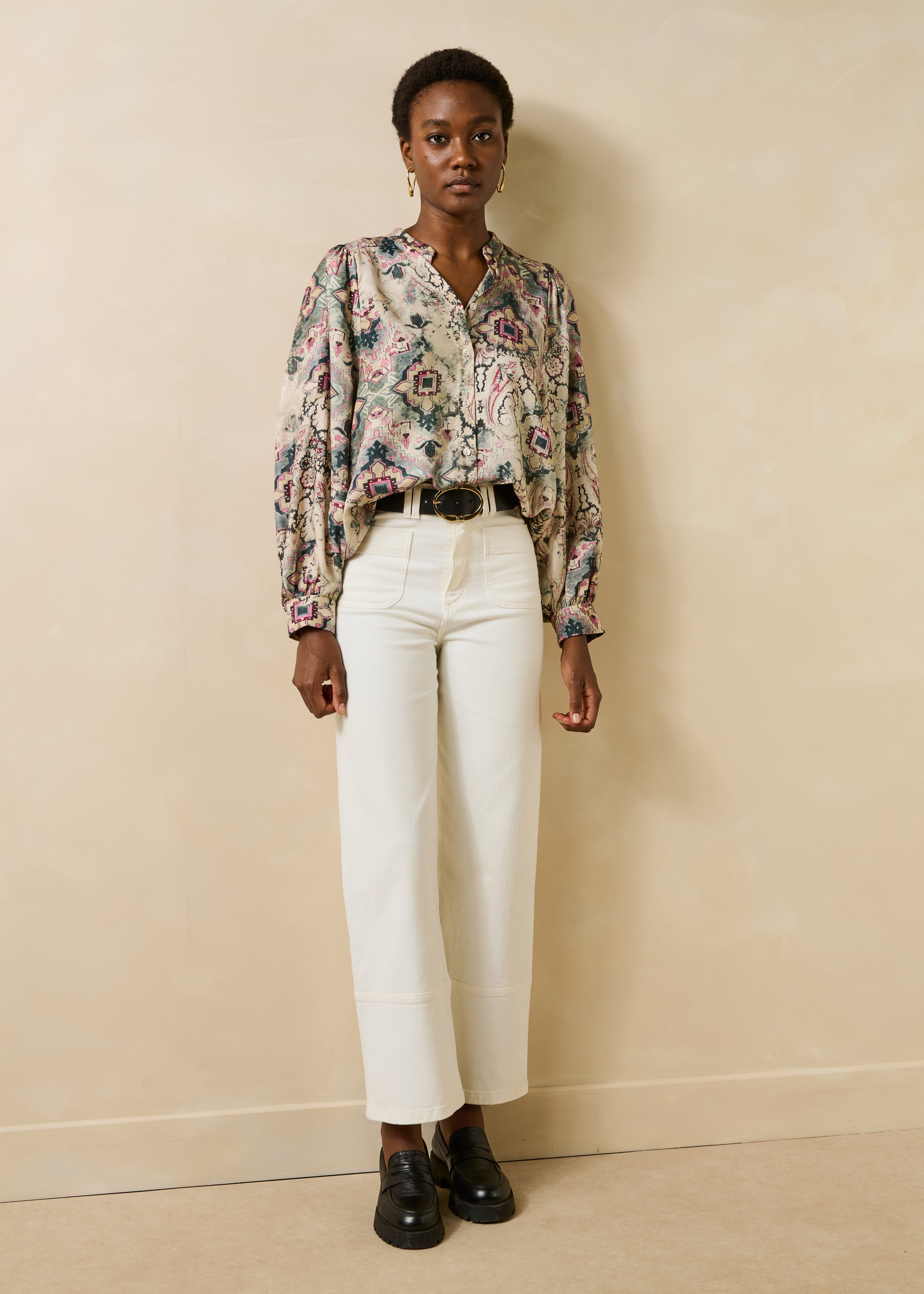 Chemise écrue manches longues à imprimé