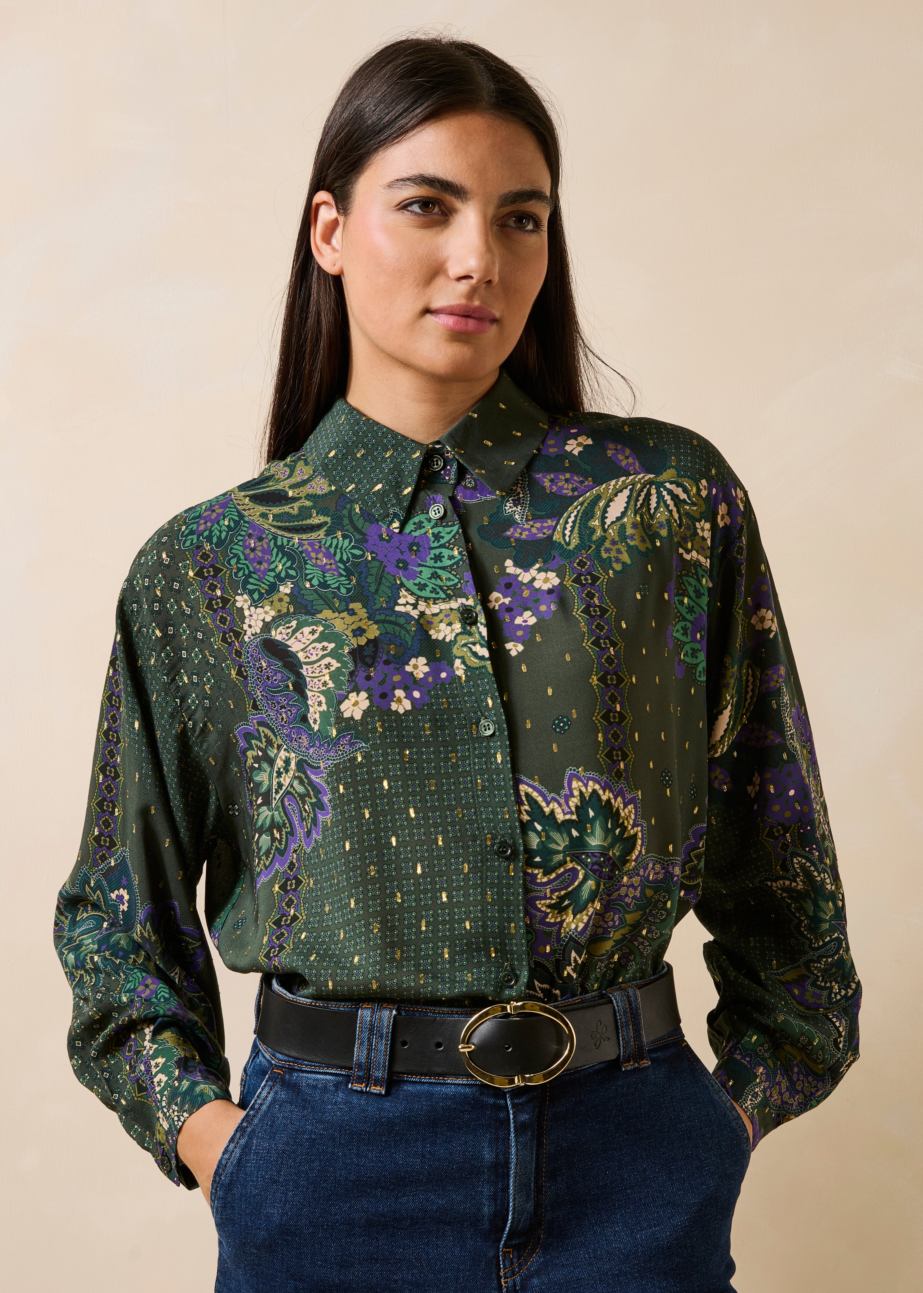 Camicia verde ampia a maniche lunghe con stampa