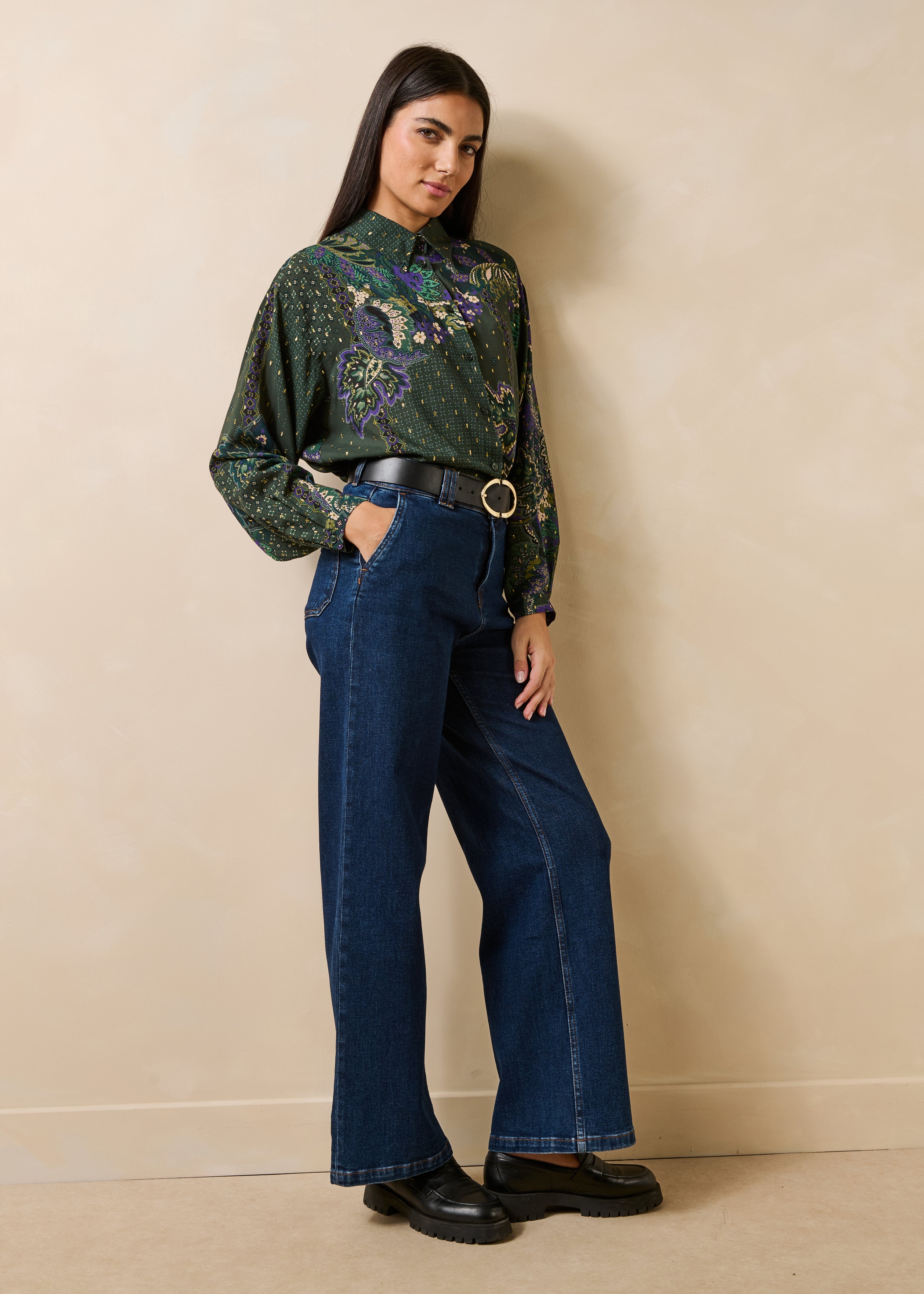 Camicia verde ampia a maniche lunghe con stampa