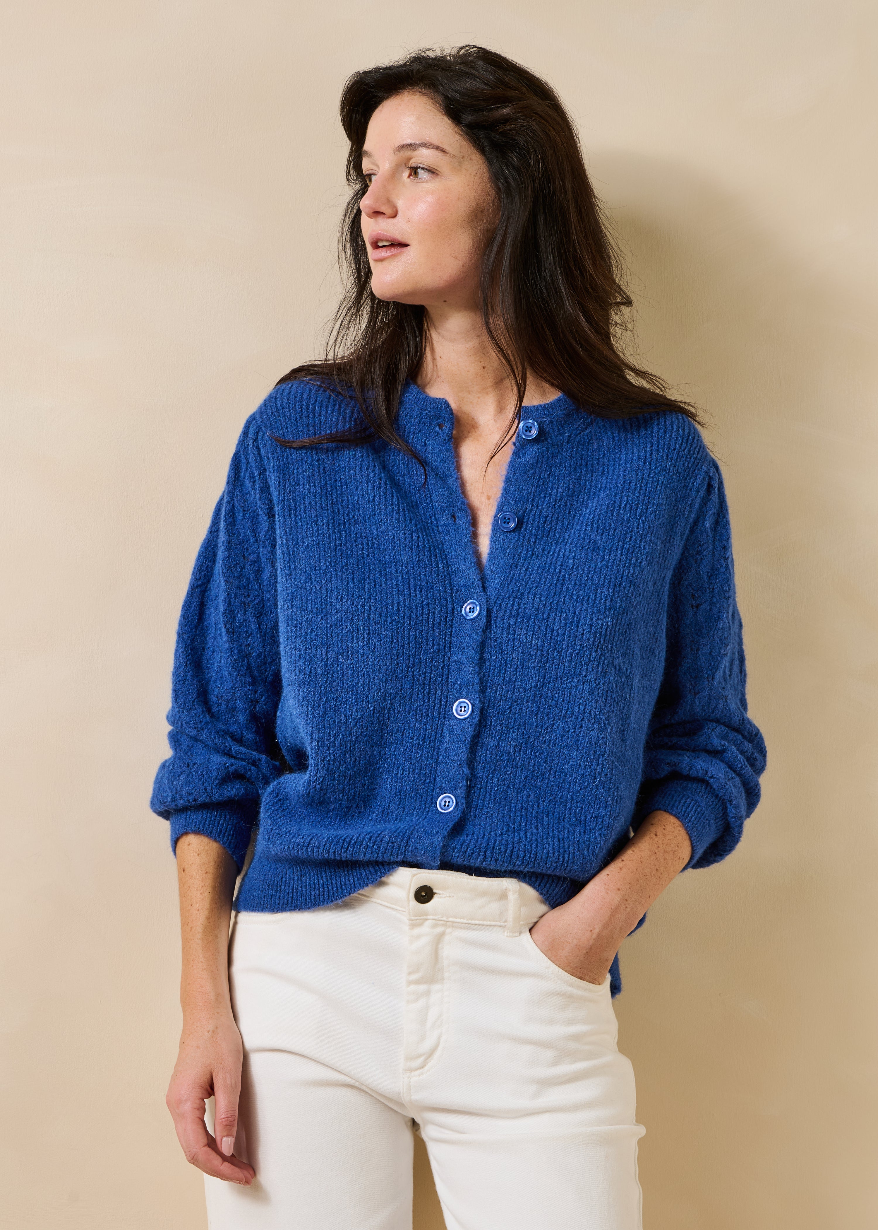 Navy blue long-sleeve cardigan with round neckline