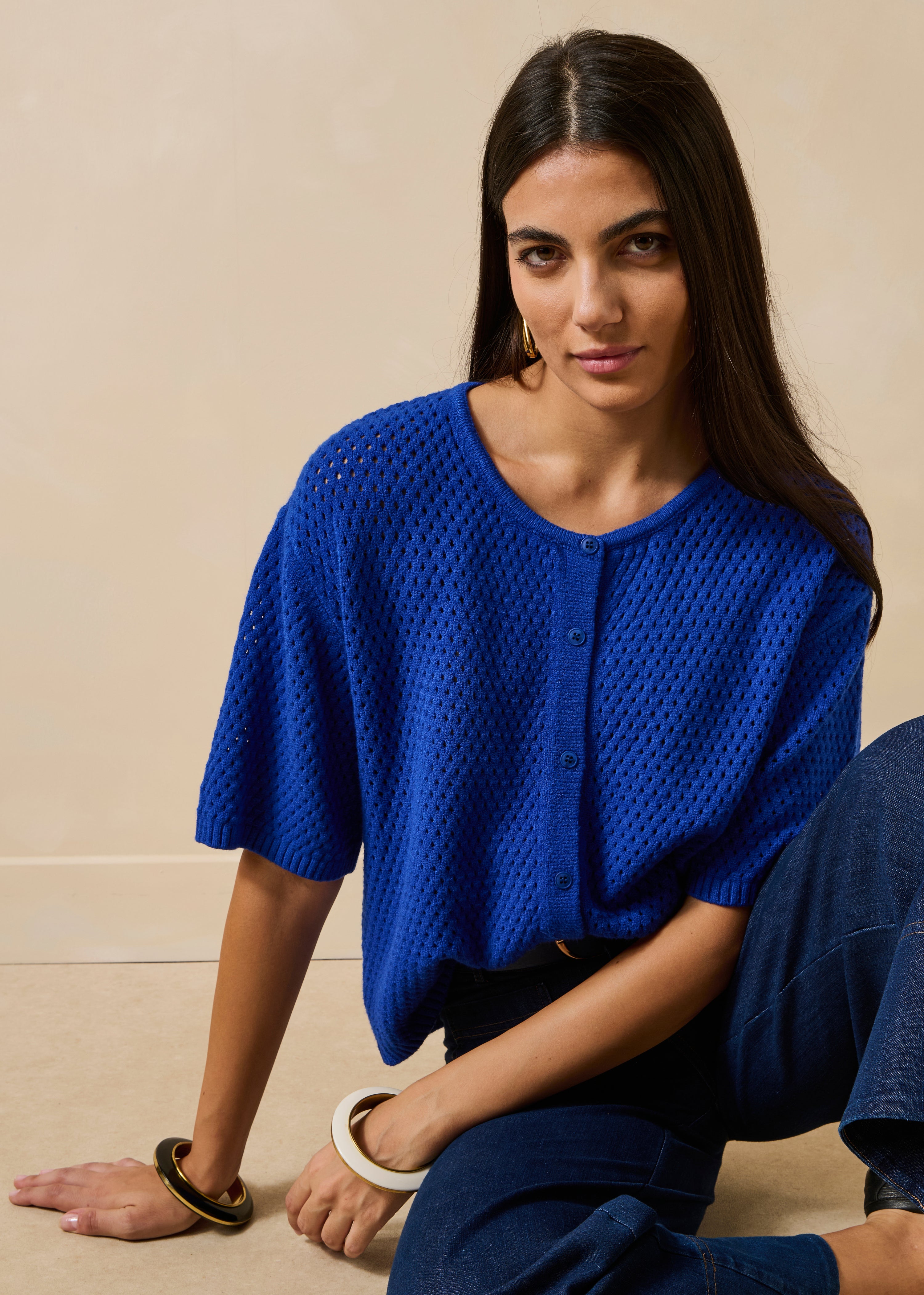 Royal blue short-sleeve round-neck cardigan