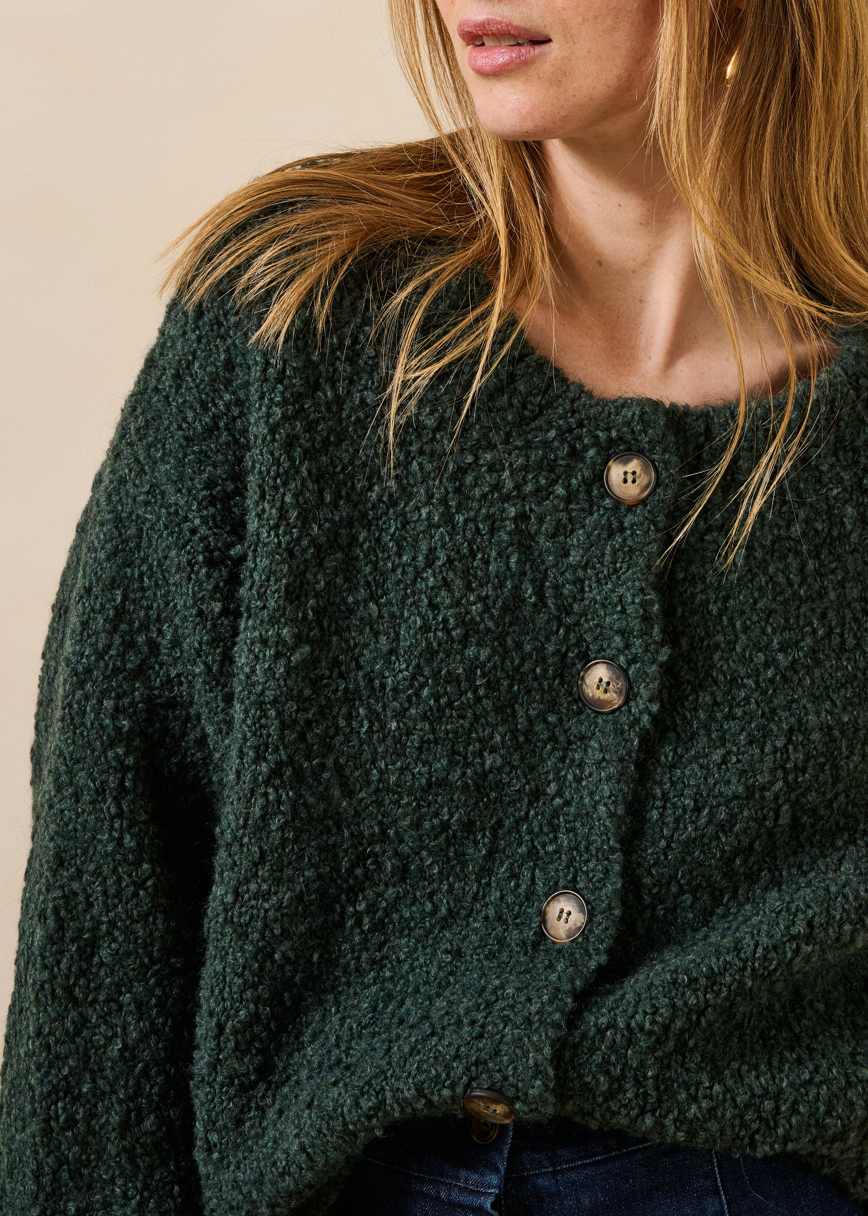Bottle green boucle knit round neck cardigan
