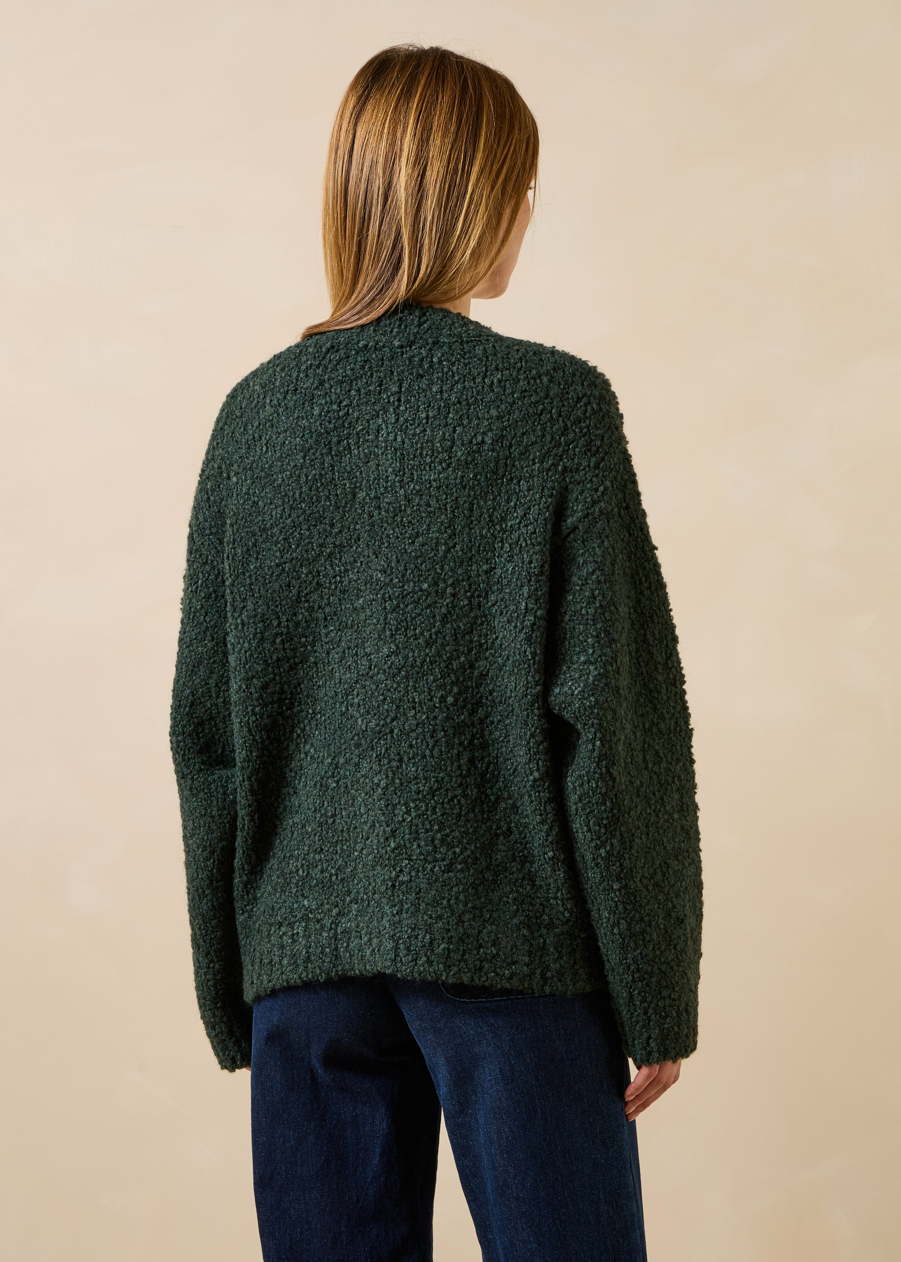 Bottle green boucle knit round neck cardigan