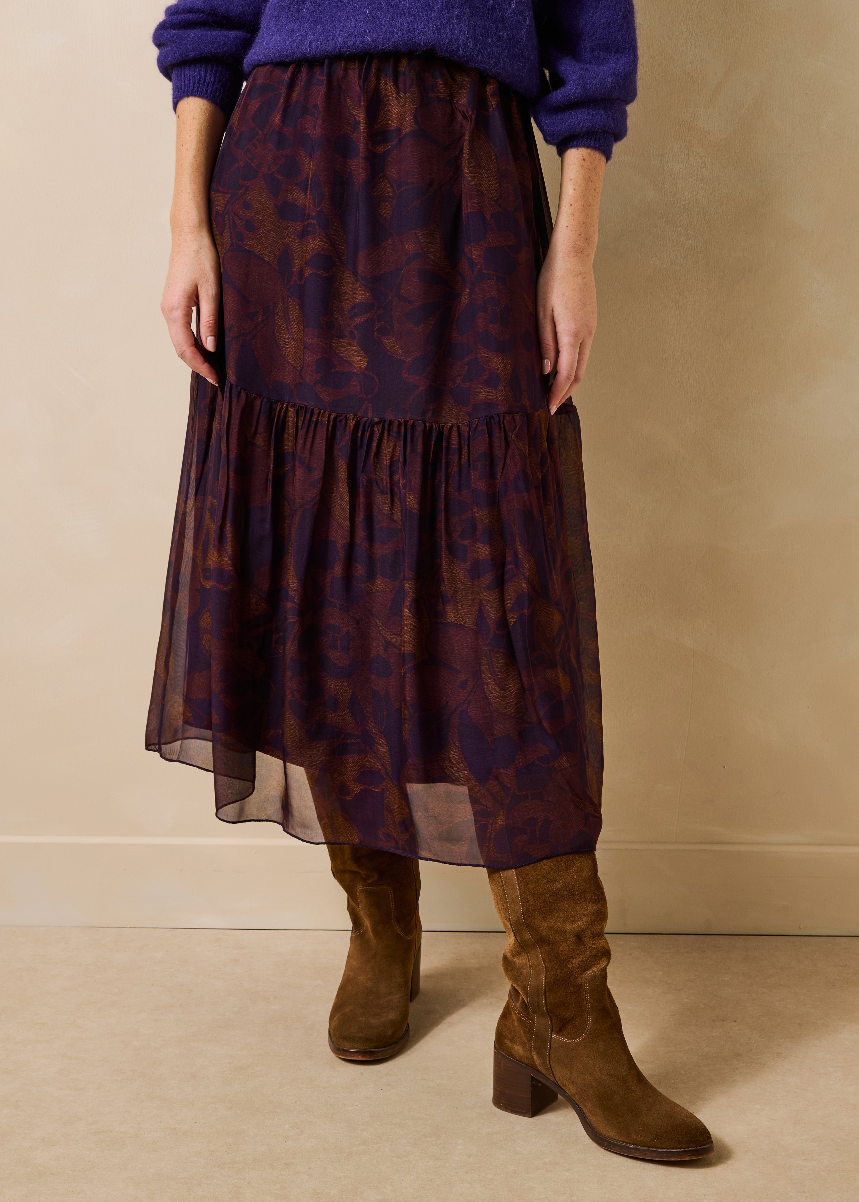 Jupe longue violette élastiquée à imprimé floral