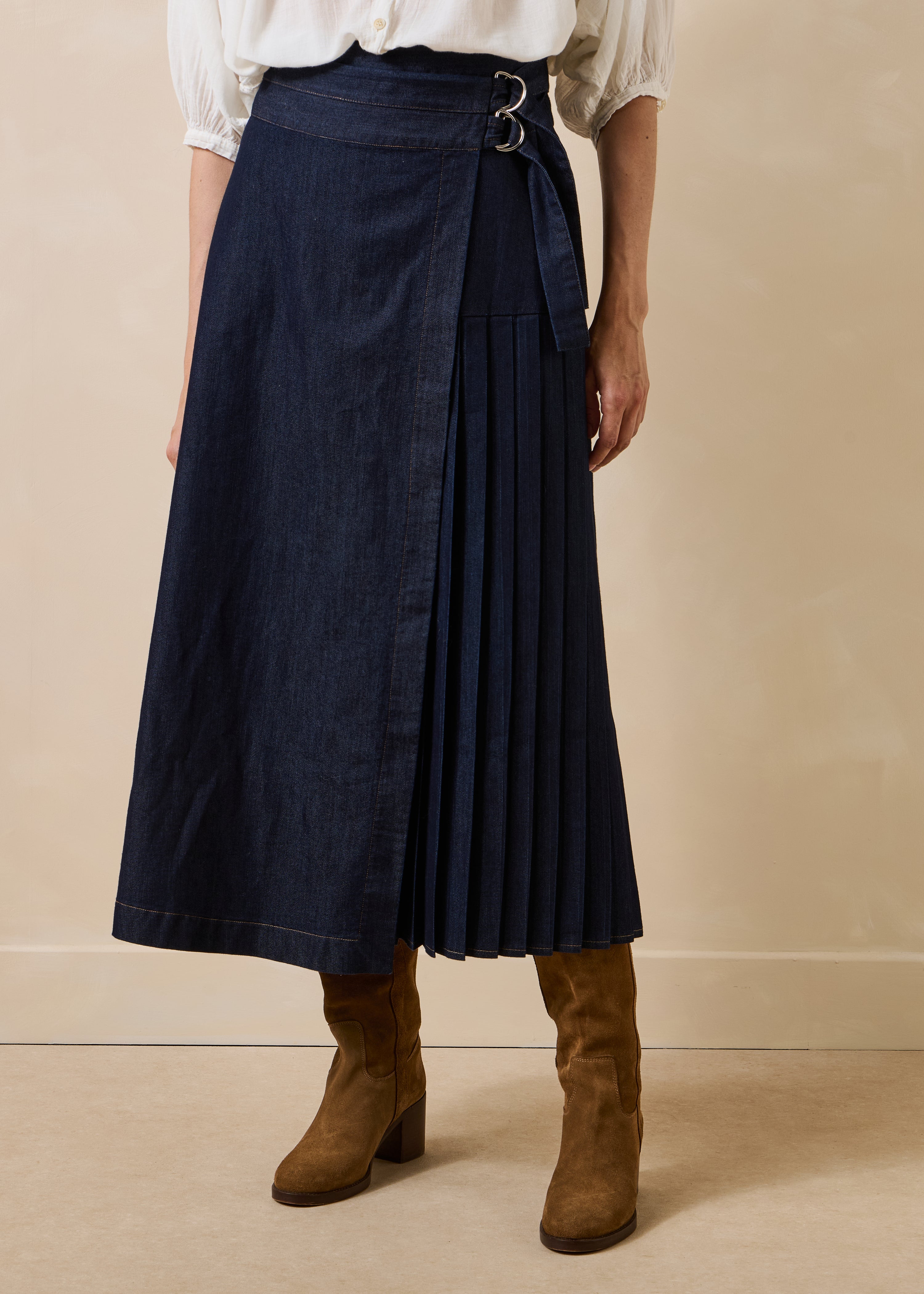 Raw denim wrap midi skirt