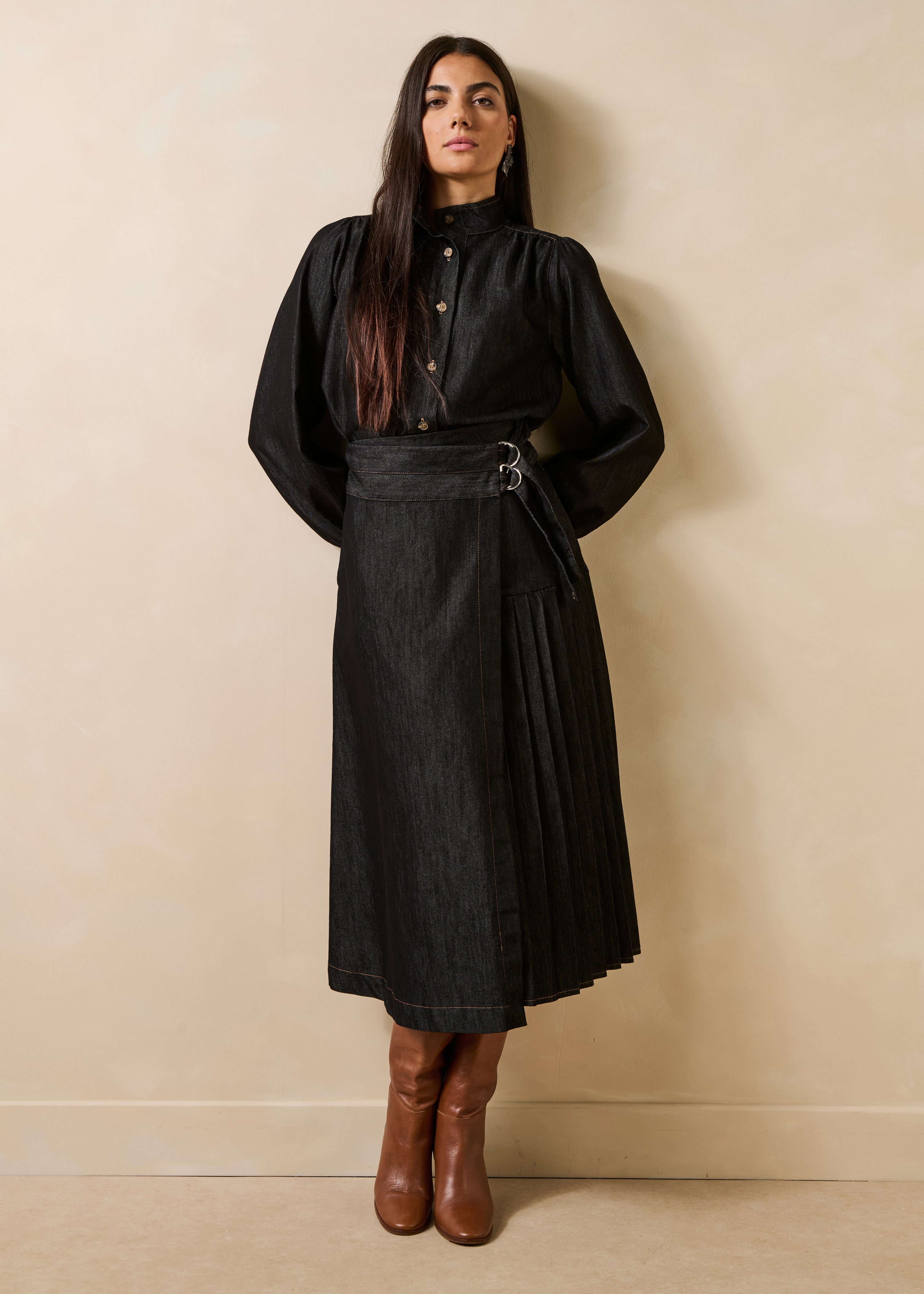 Black denim midi wrap skirt