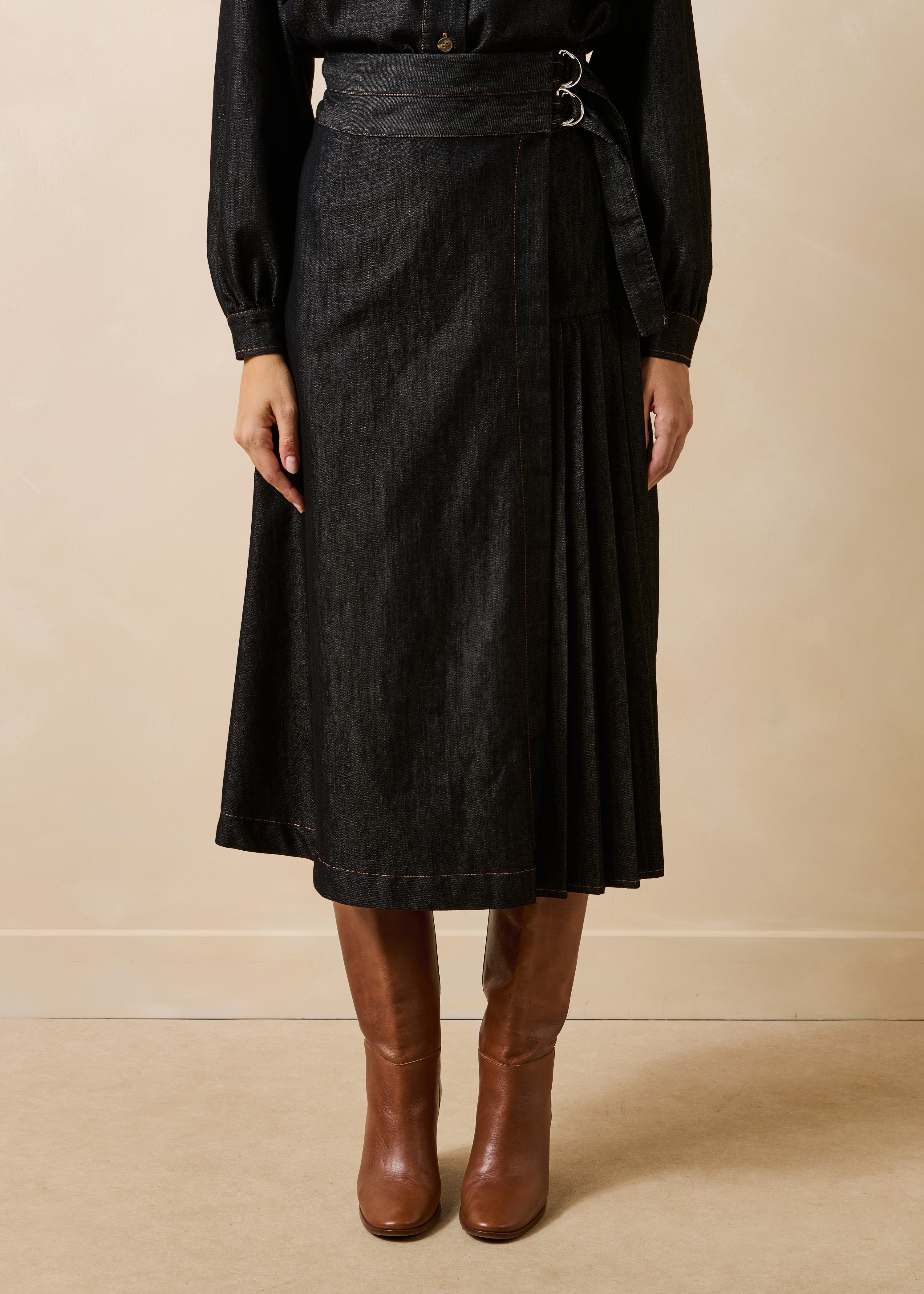 Black denim midi wrap skirt