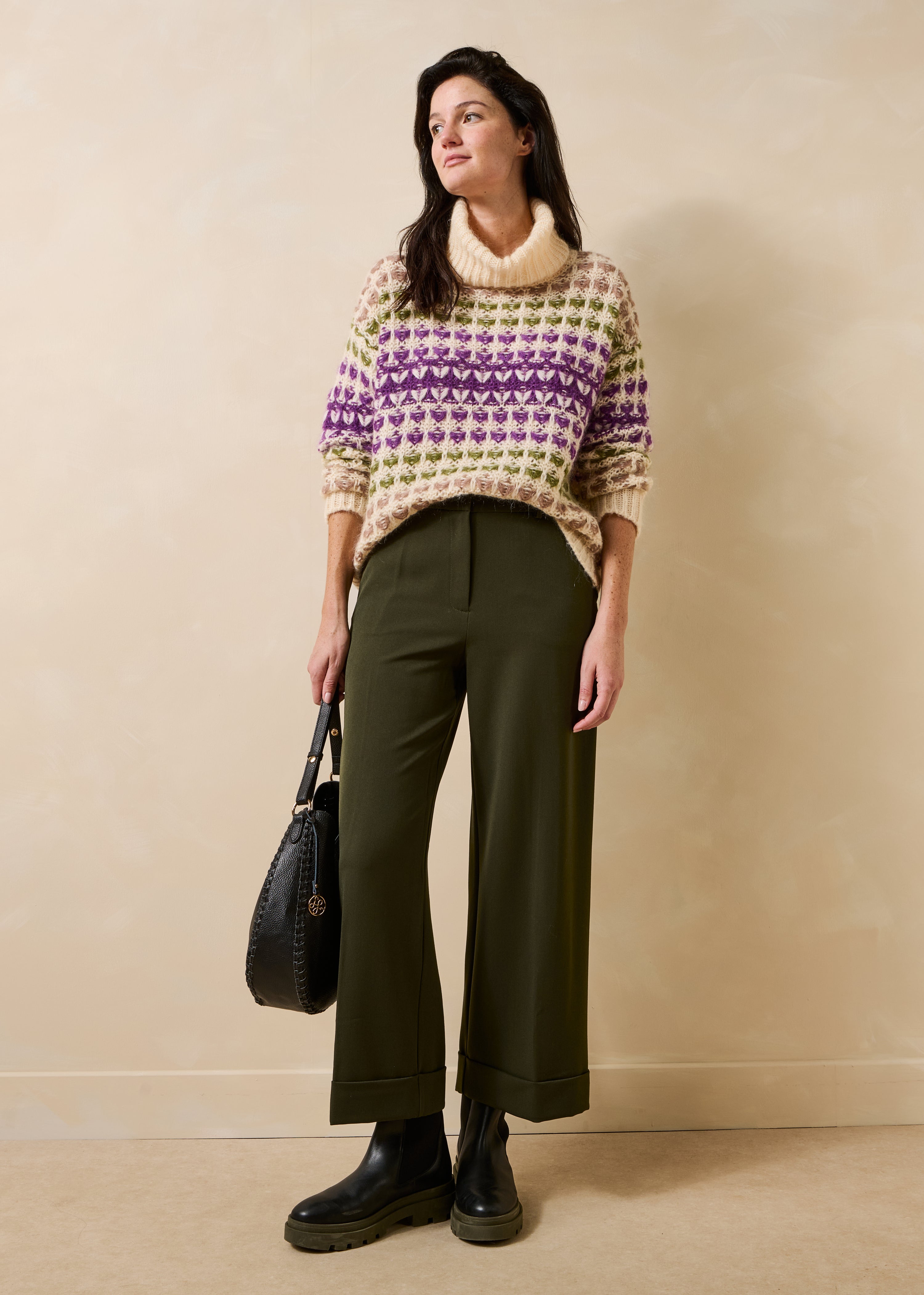 Pantalon droit cropped kaki avec revers