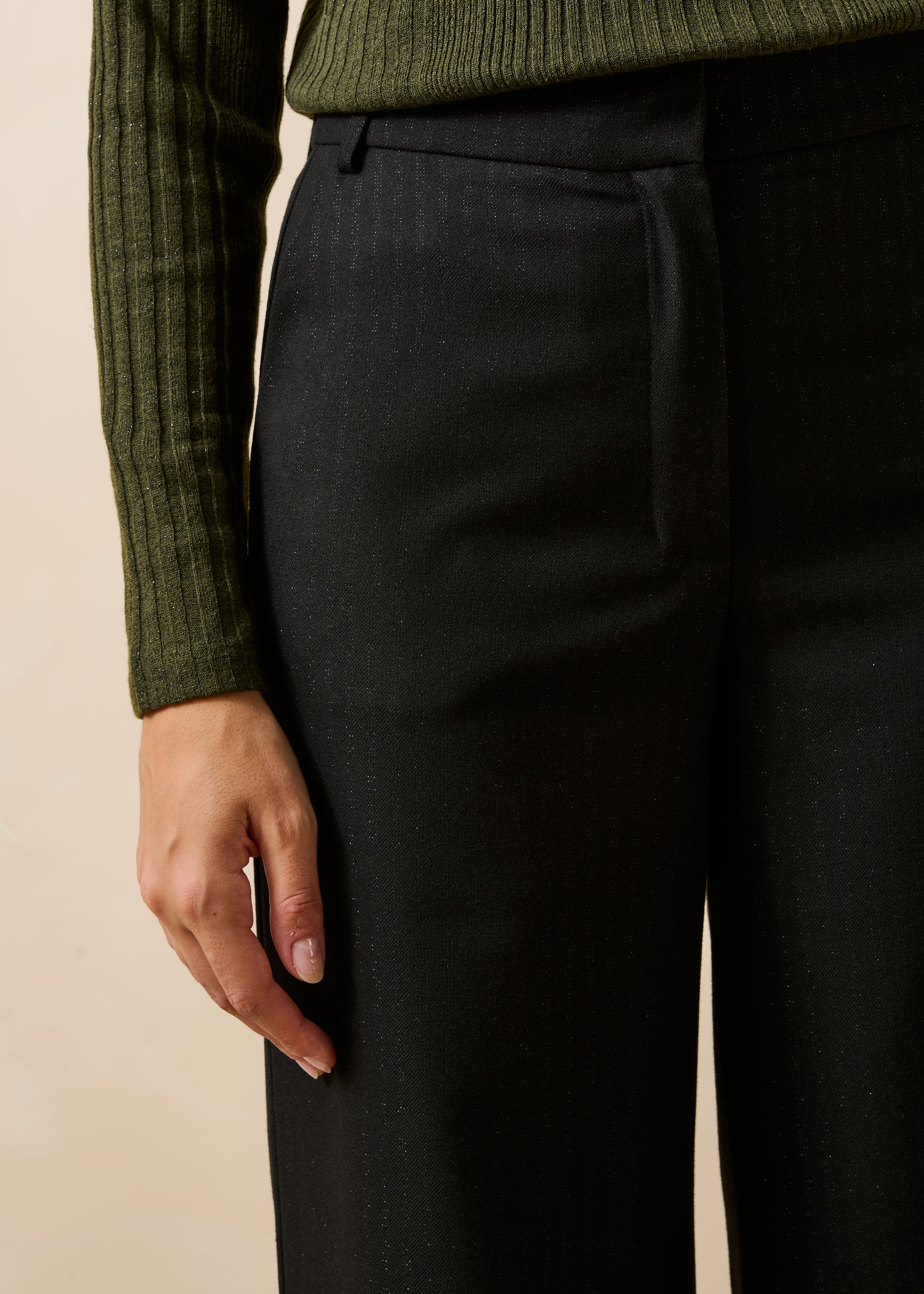 High-waisted black straight pants with stripes