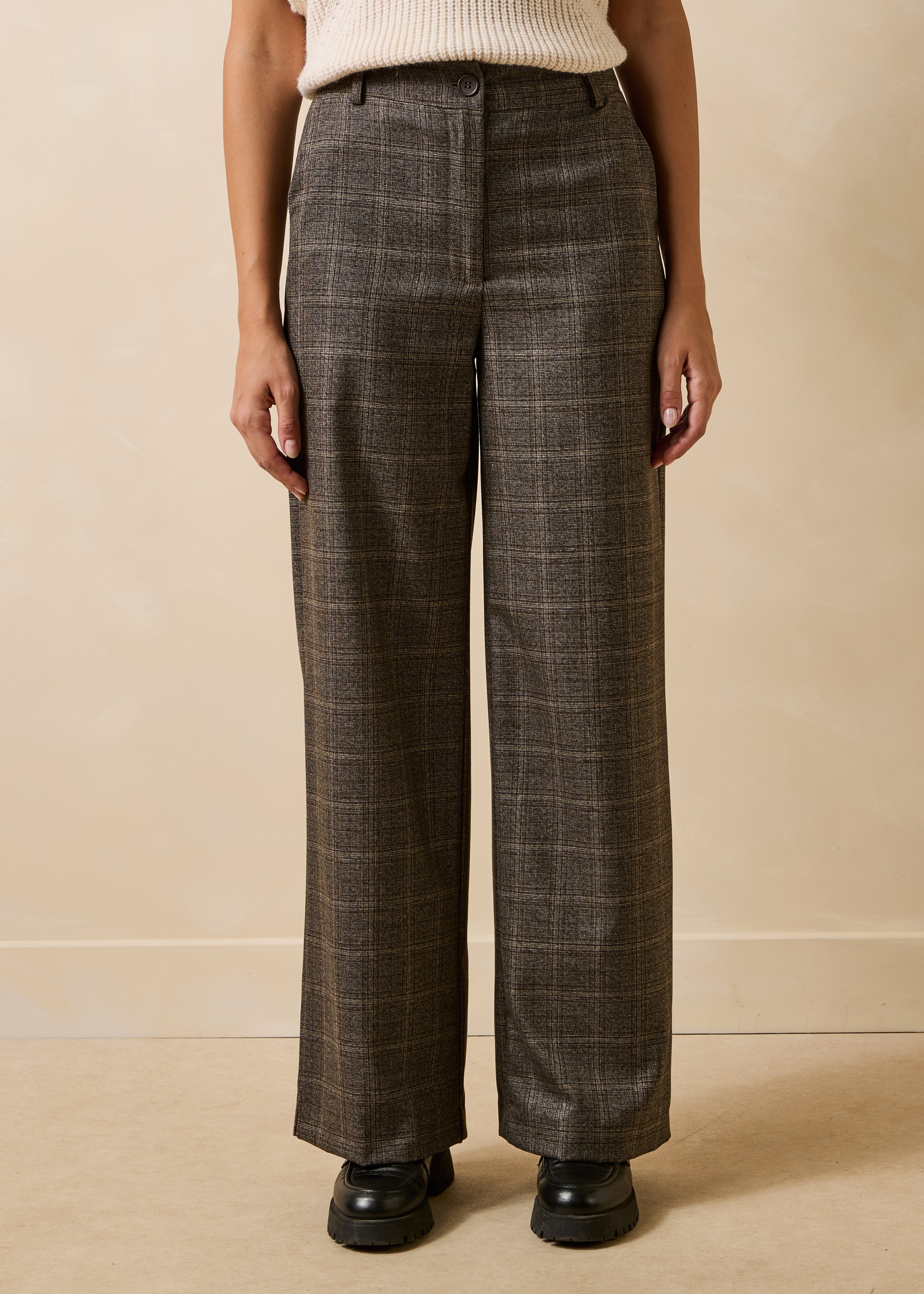 Brown plaid straight-leg pants