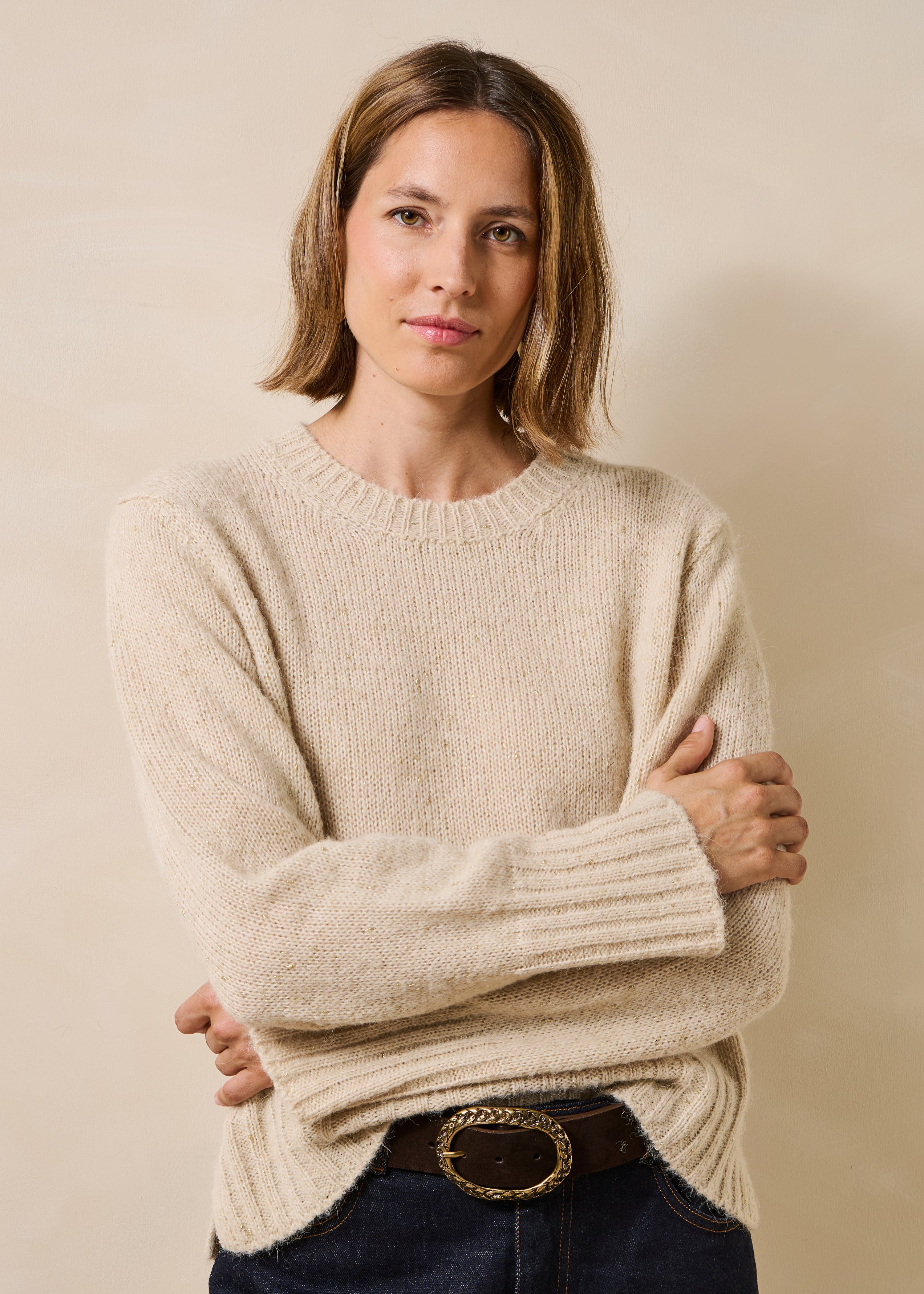 Beige long-sleeve crew neck sweater