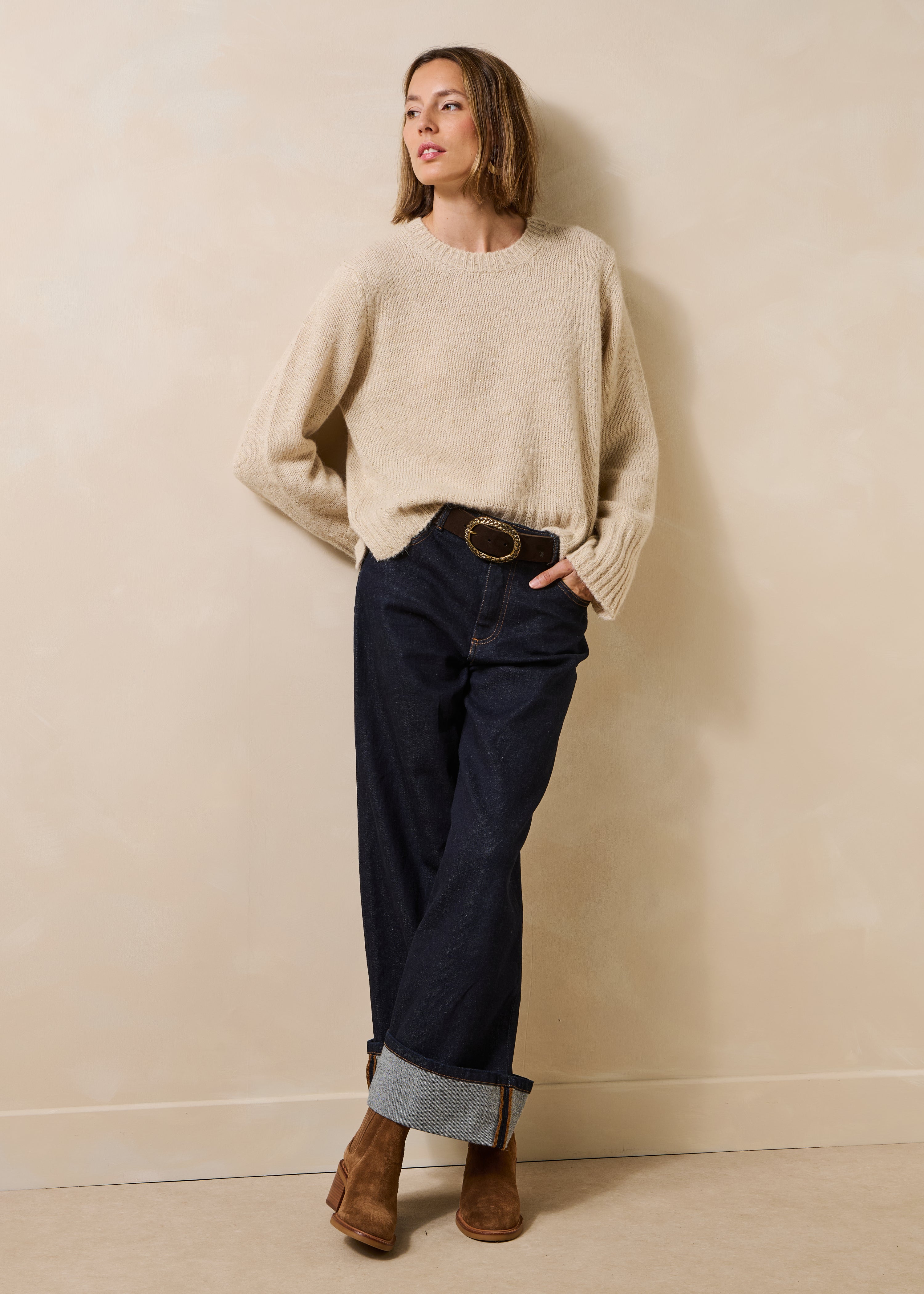 Beige long-sleeve crew neck sweater