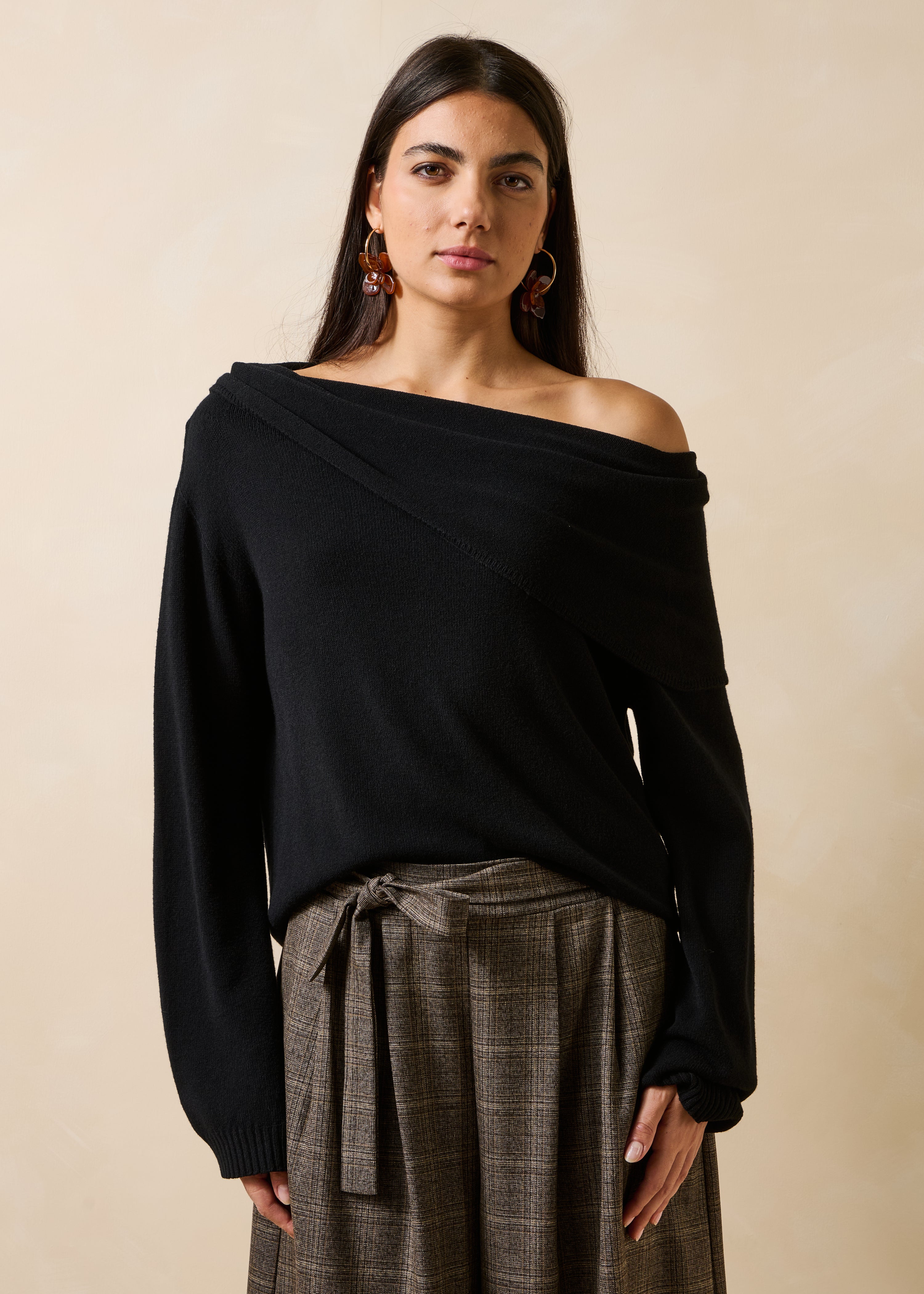 Black long-sleeve draped neckline sweater