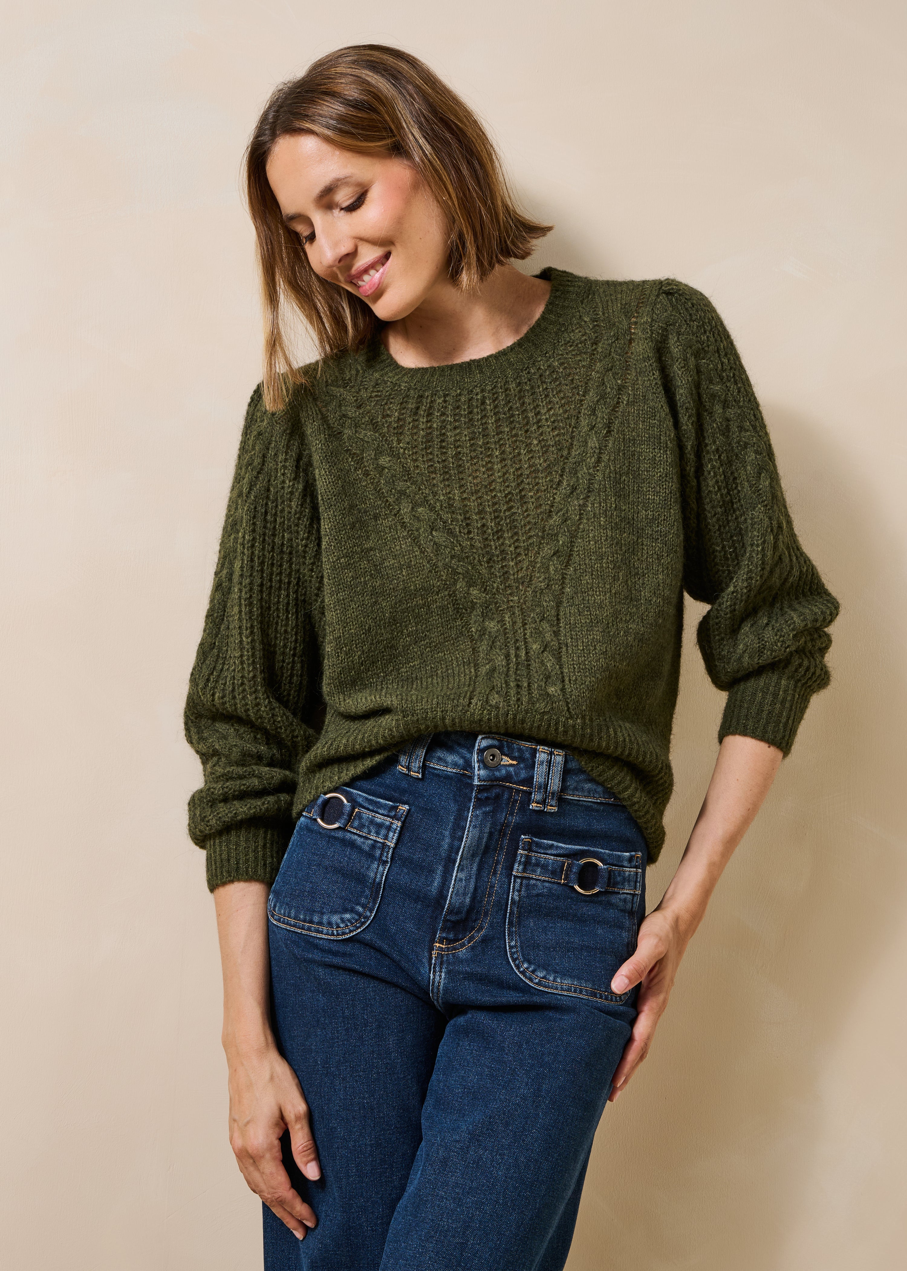 Maglione kaki maniche lunghe collo rotondo