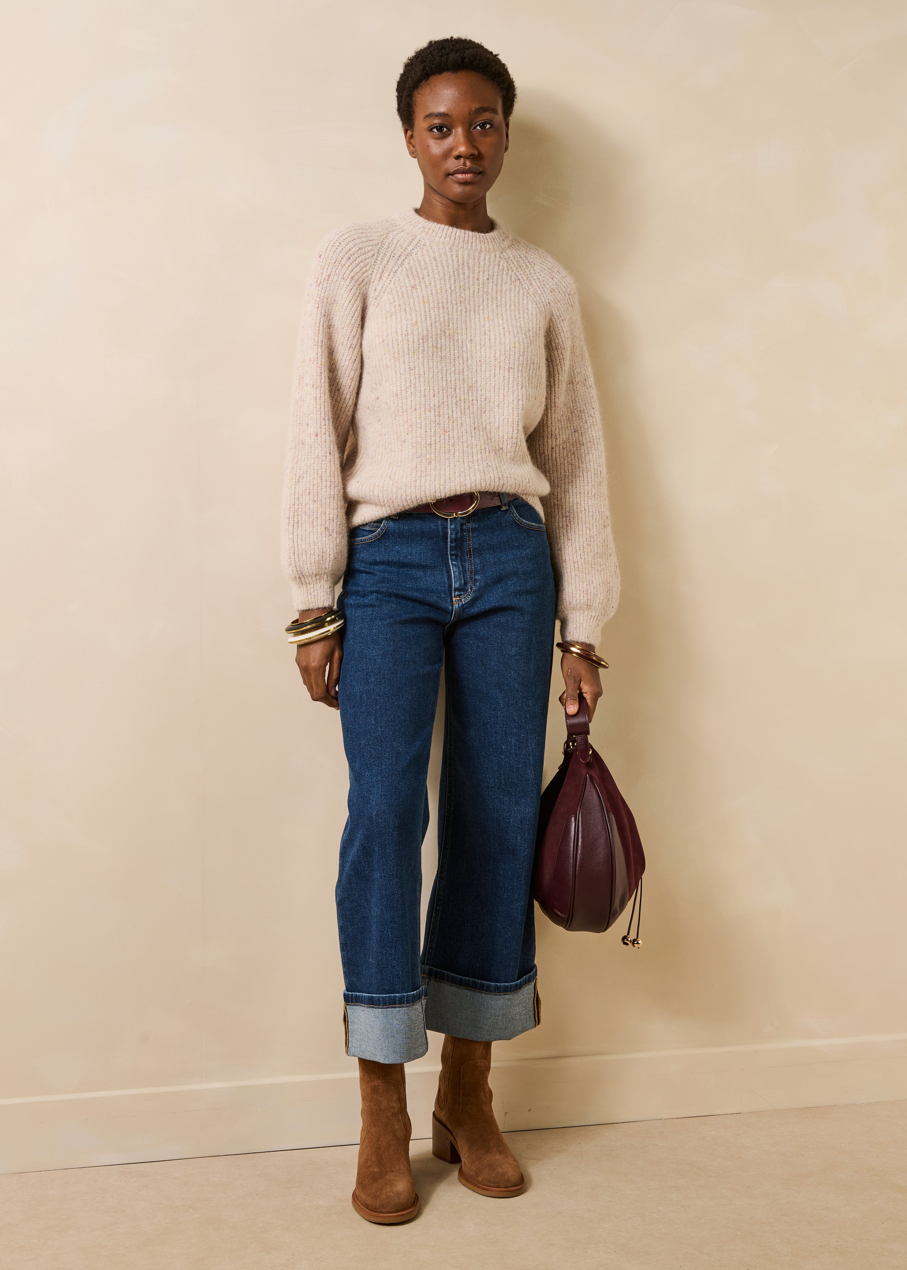 Pull beige chiné manches longues col rond