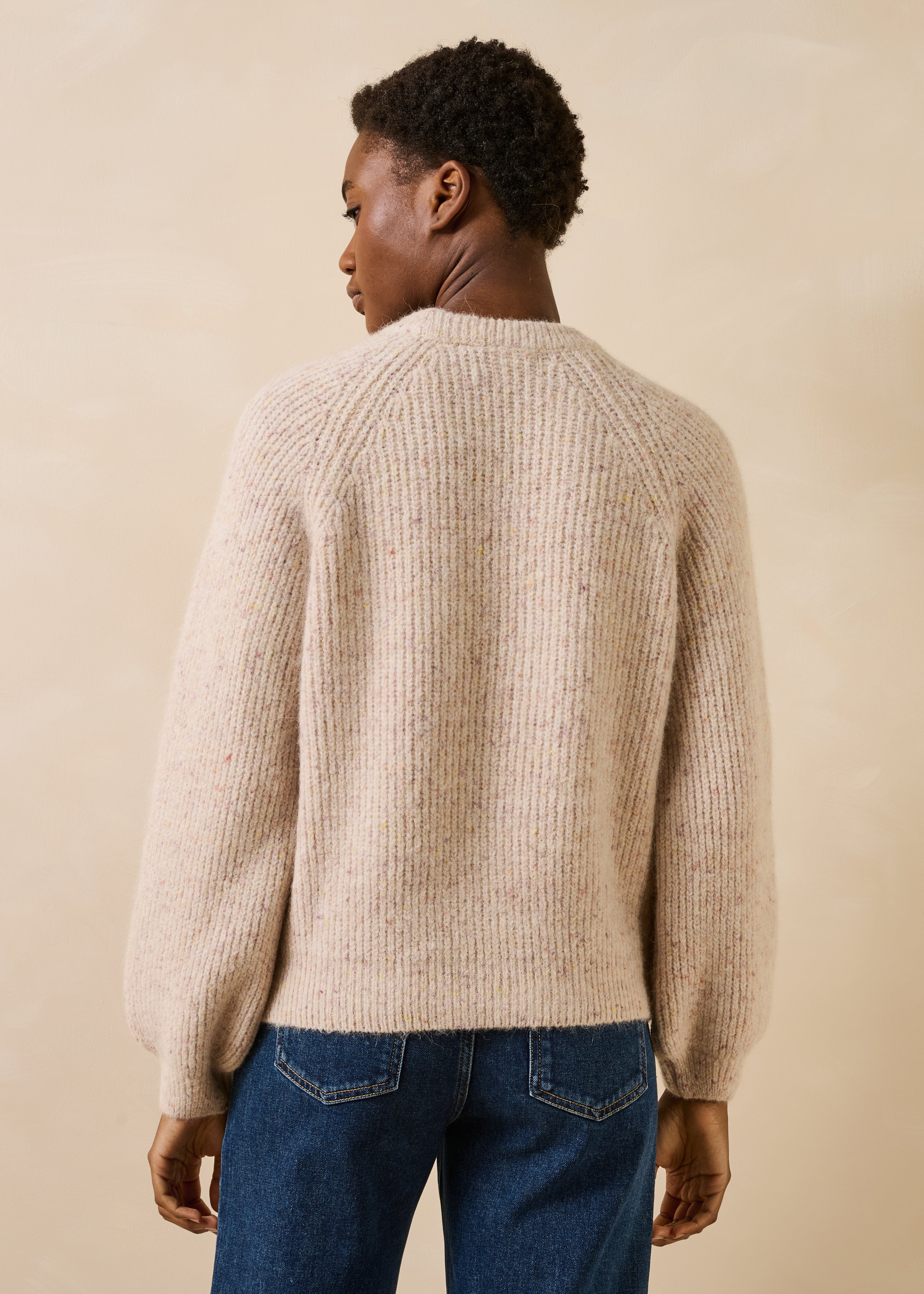 Pull beige chiné manches longues col rond