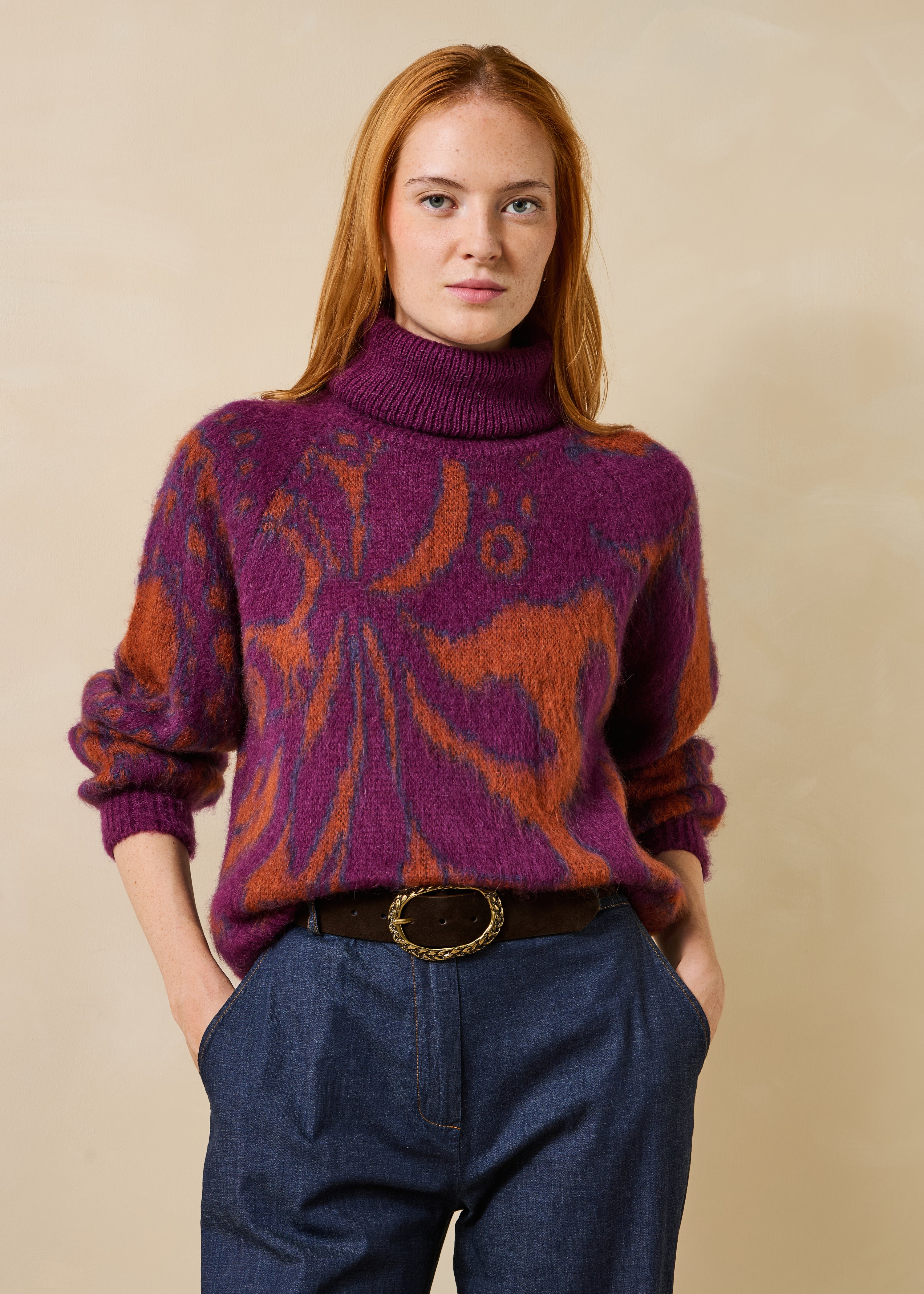 Purple and orange jacquard turtleneck sweater