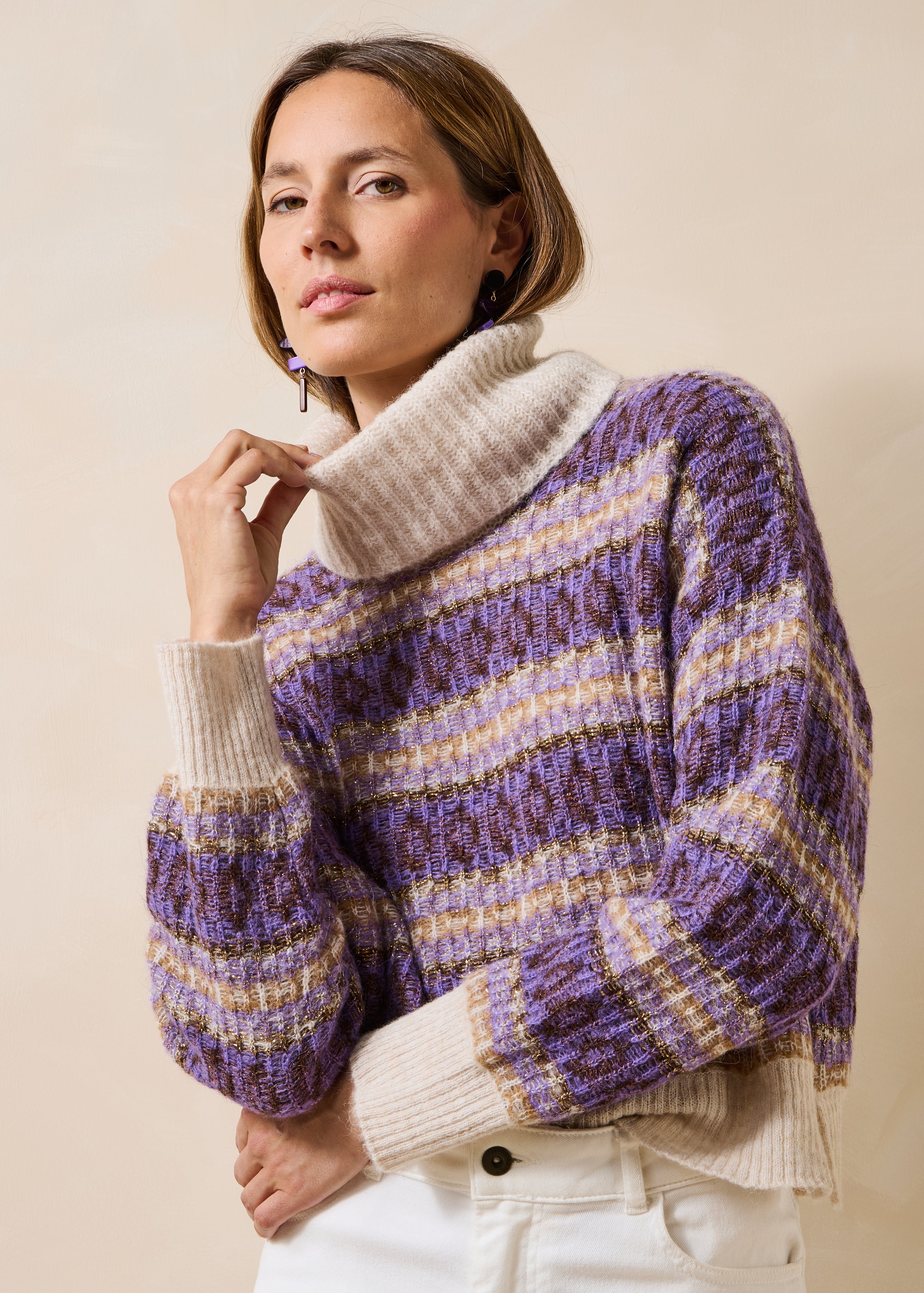 Ecru and purple sweater