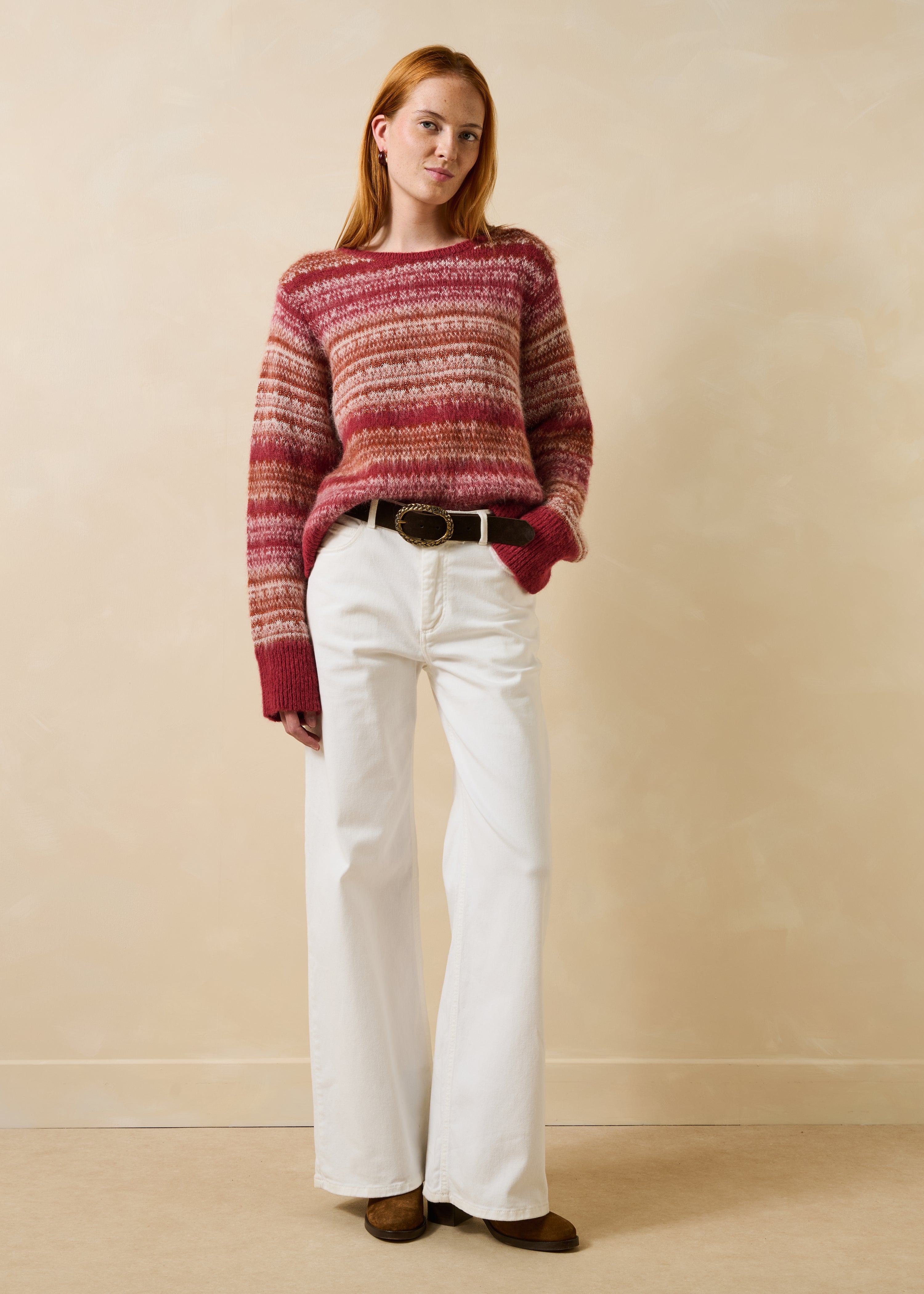 Mehrfarbiger Jacquard-Pullover mit langen Ärmeln und Rundhalsausschnitt