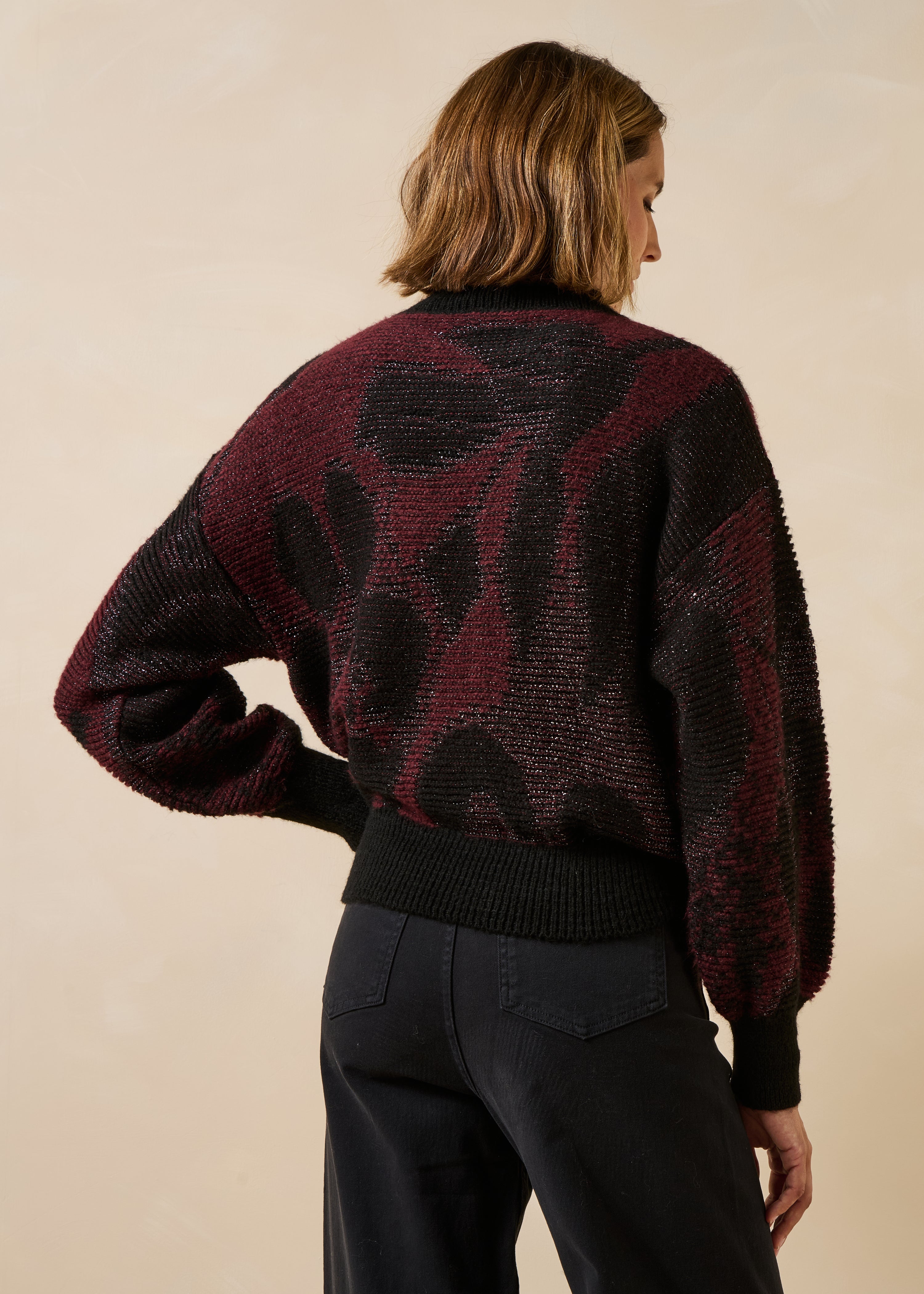 Bordeaux and black jacquard long-sleeve sweater