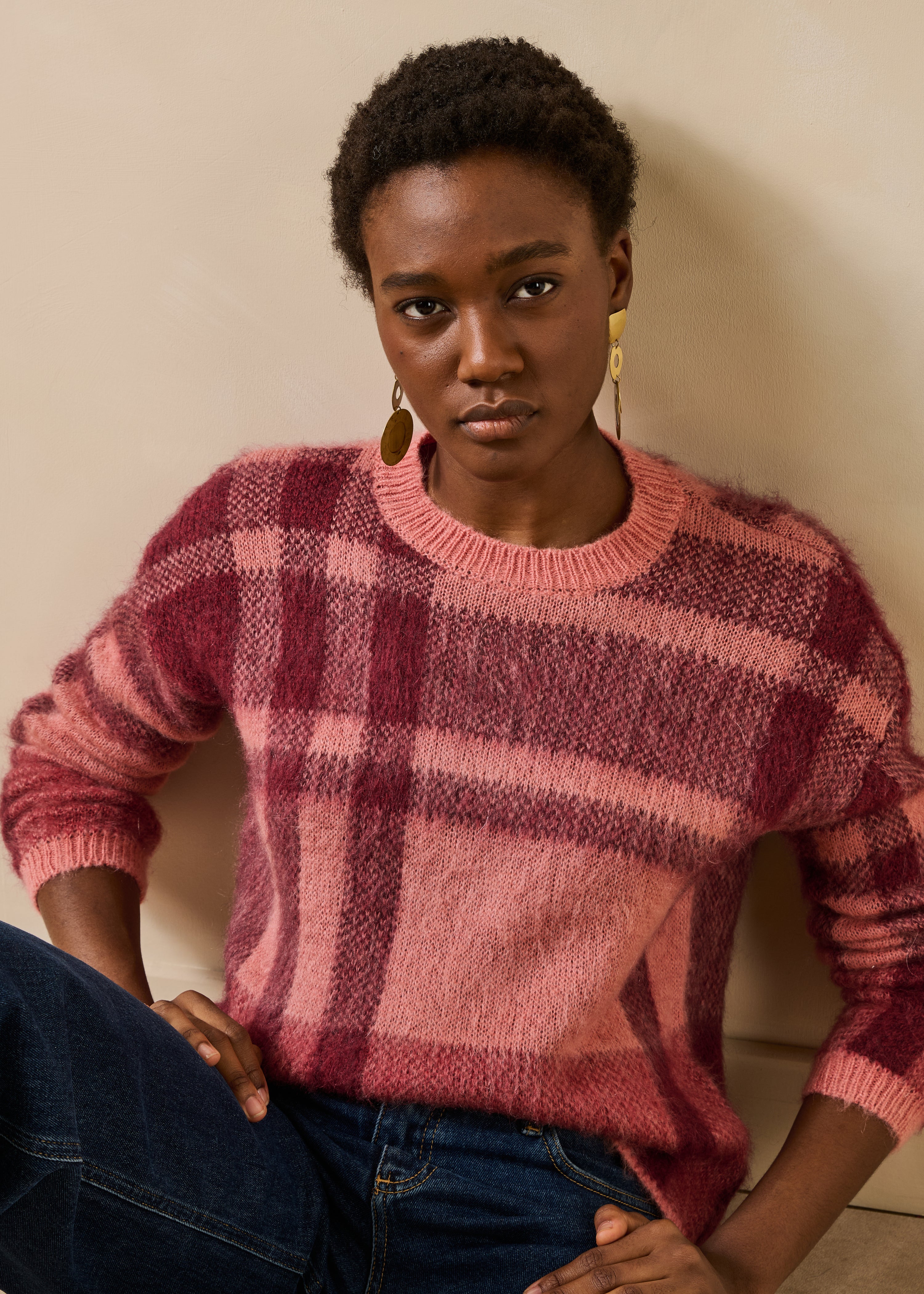 Pull rose manches longues en jacquard col rond