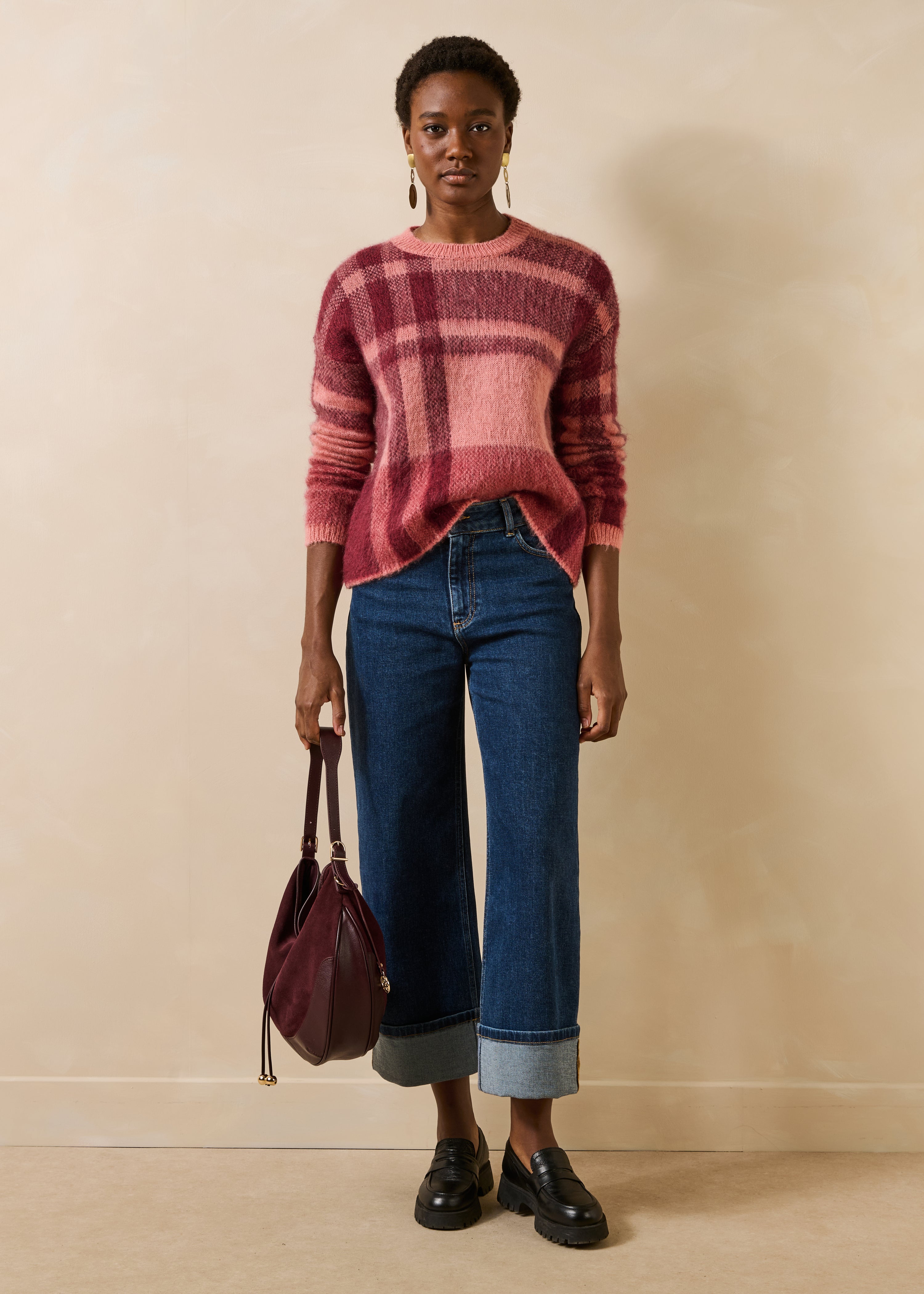 Pull rose manches longues en jacquard col rond