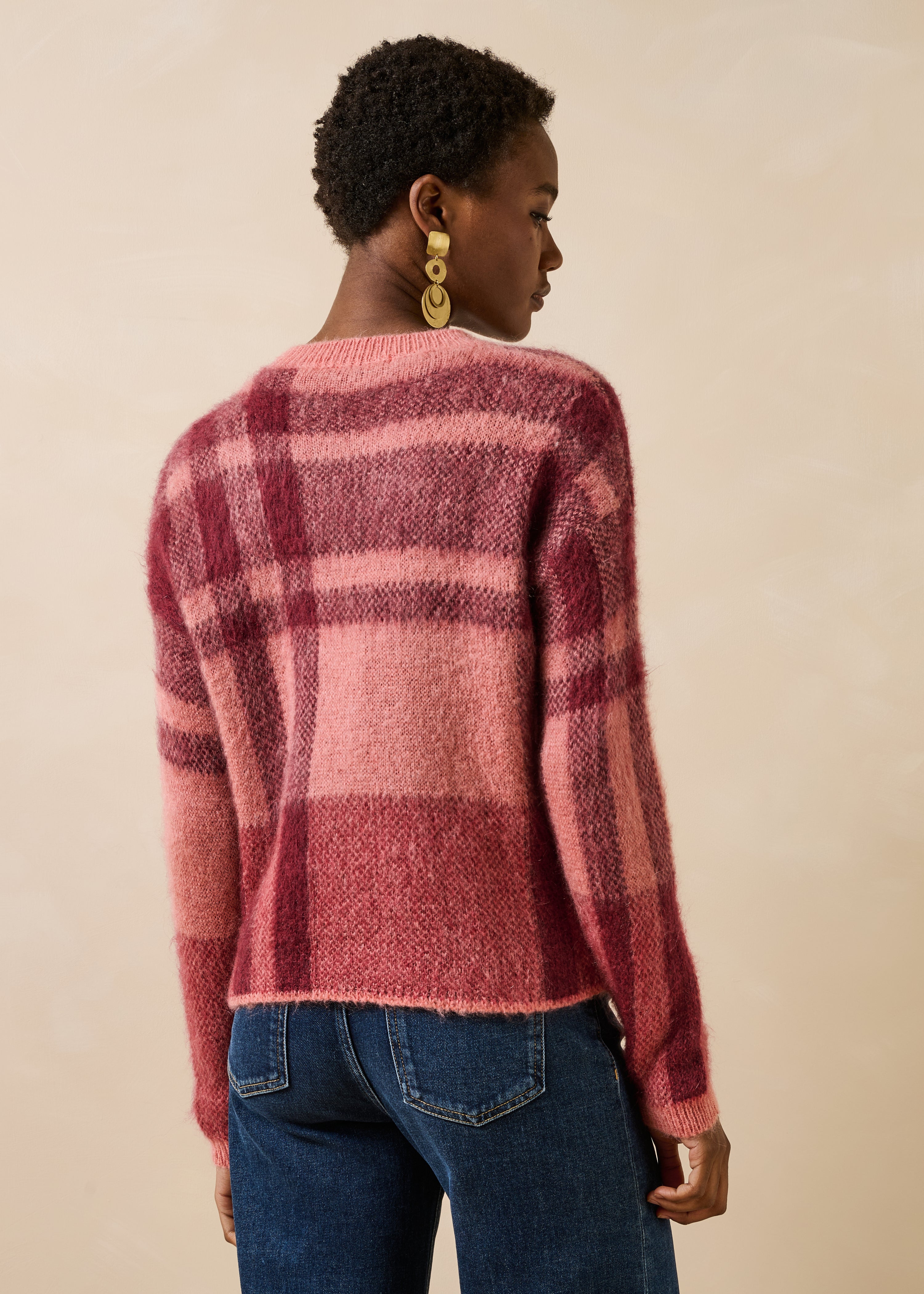 Pull rose manches longues en jacquard col rond