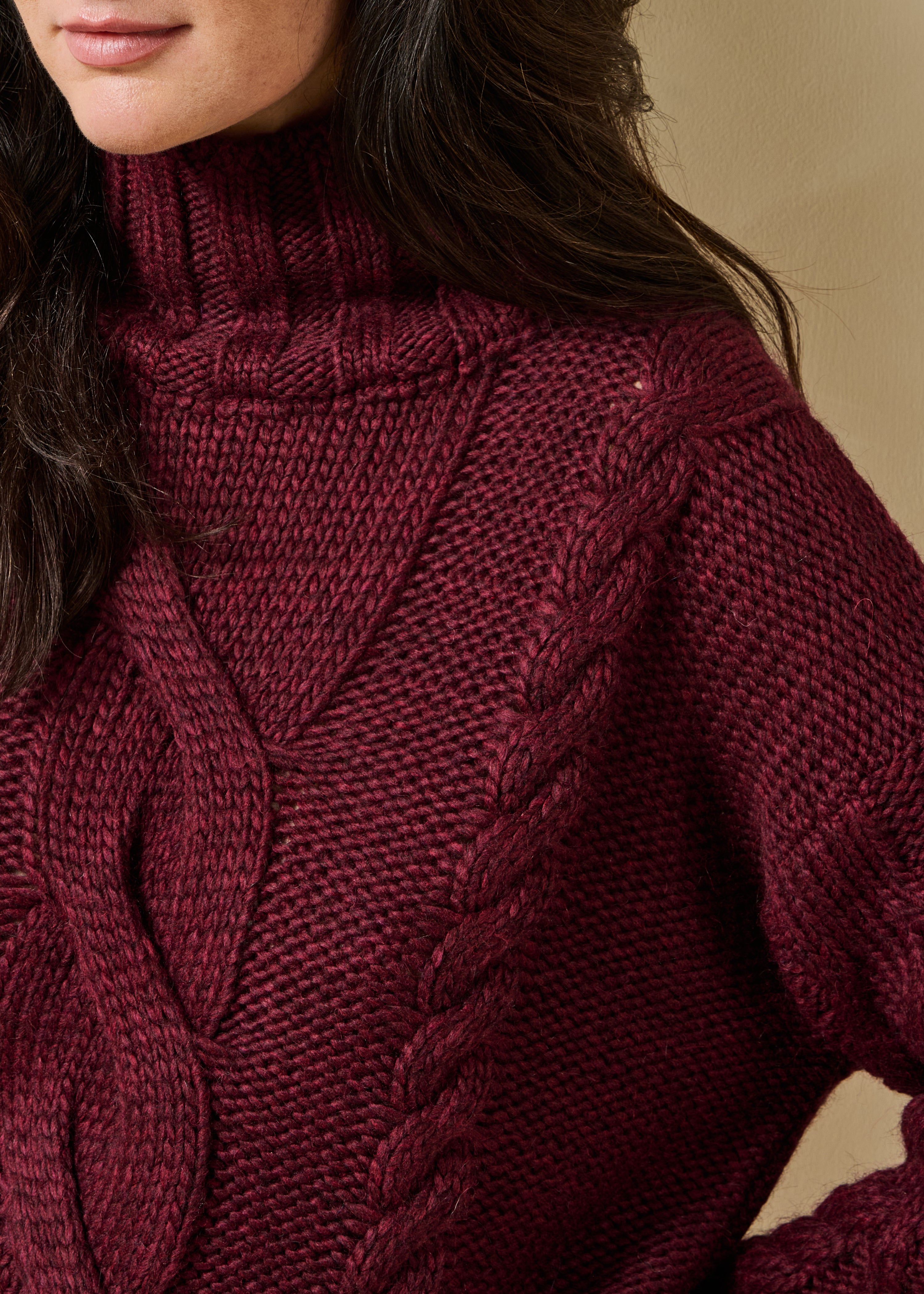Bordeauxfarbener Pullover mit langen Ärmeln und Stehkragen