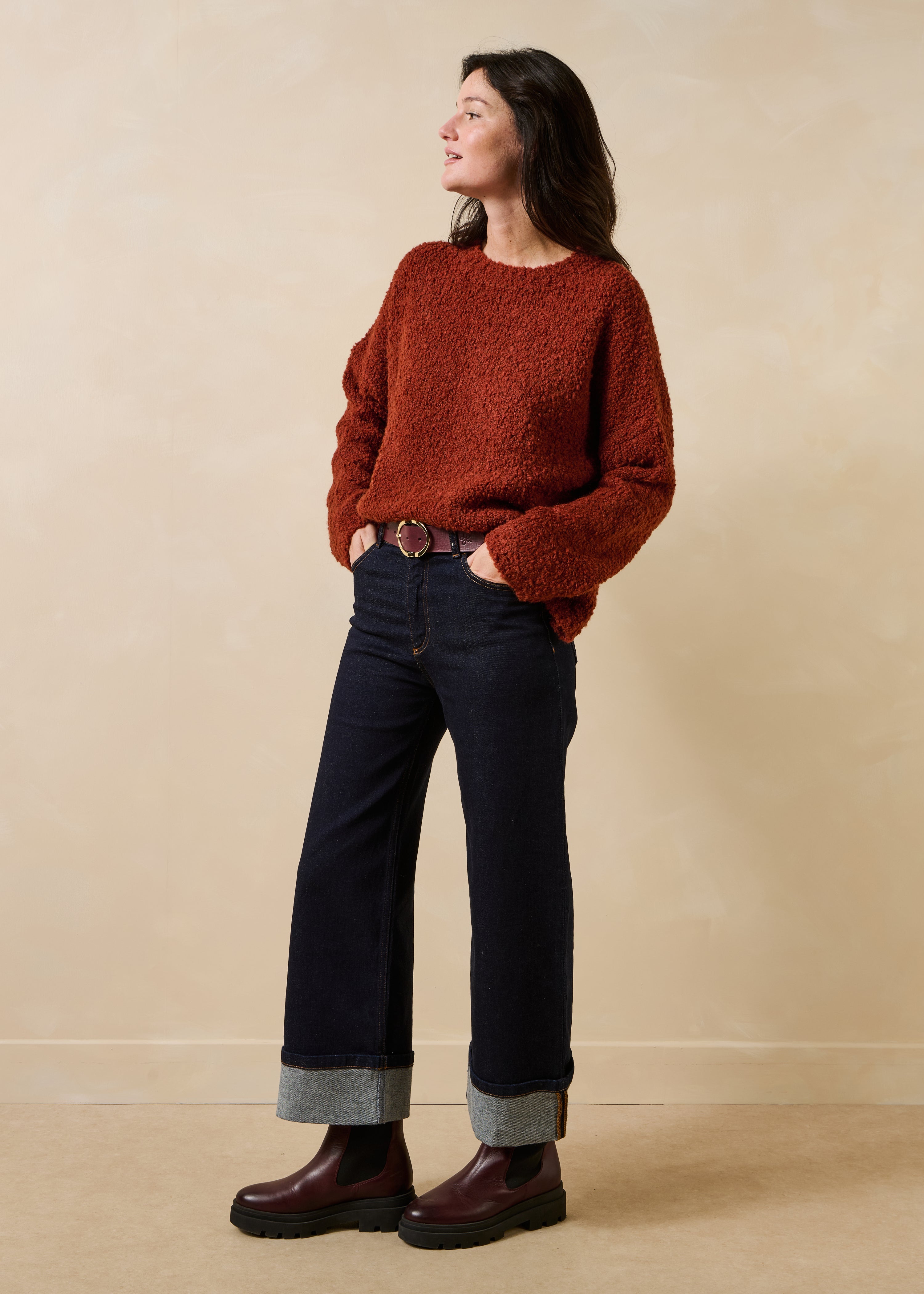 Rust boucle knit long sleeve round neck sweater