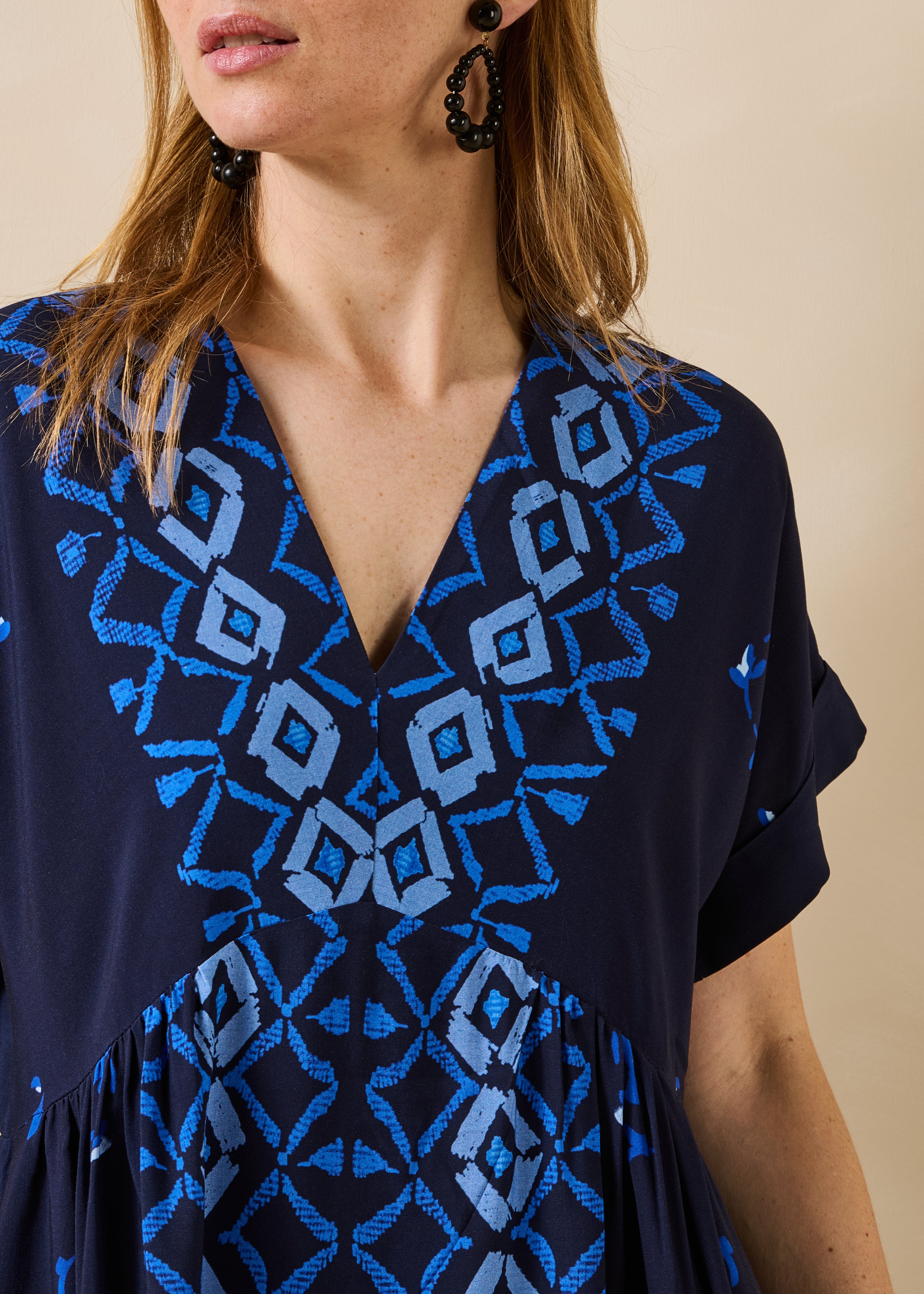 Blue loose flared long dress with print