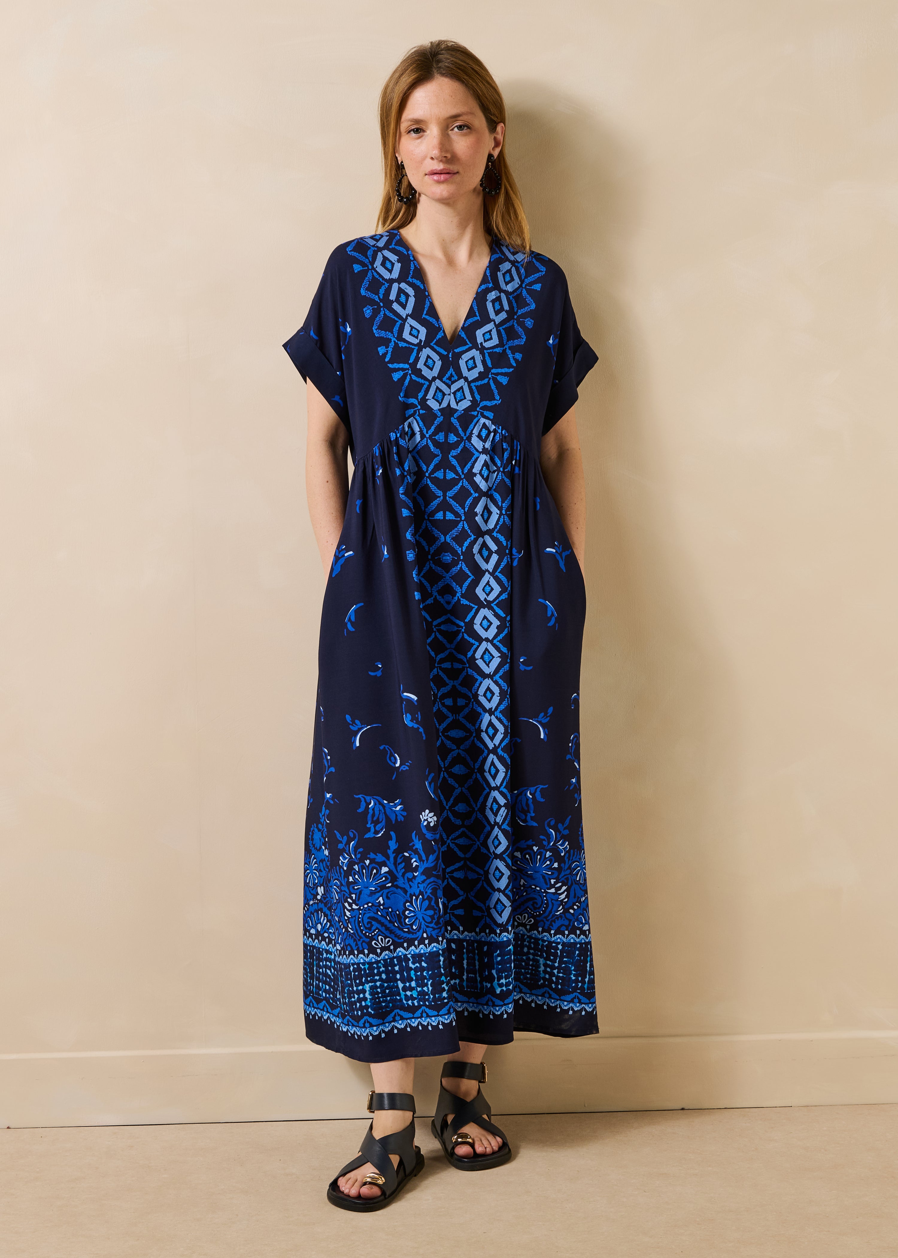 Blue loose flared long dress with print