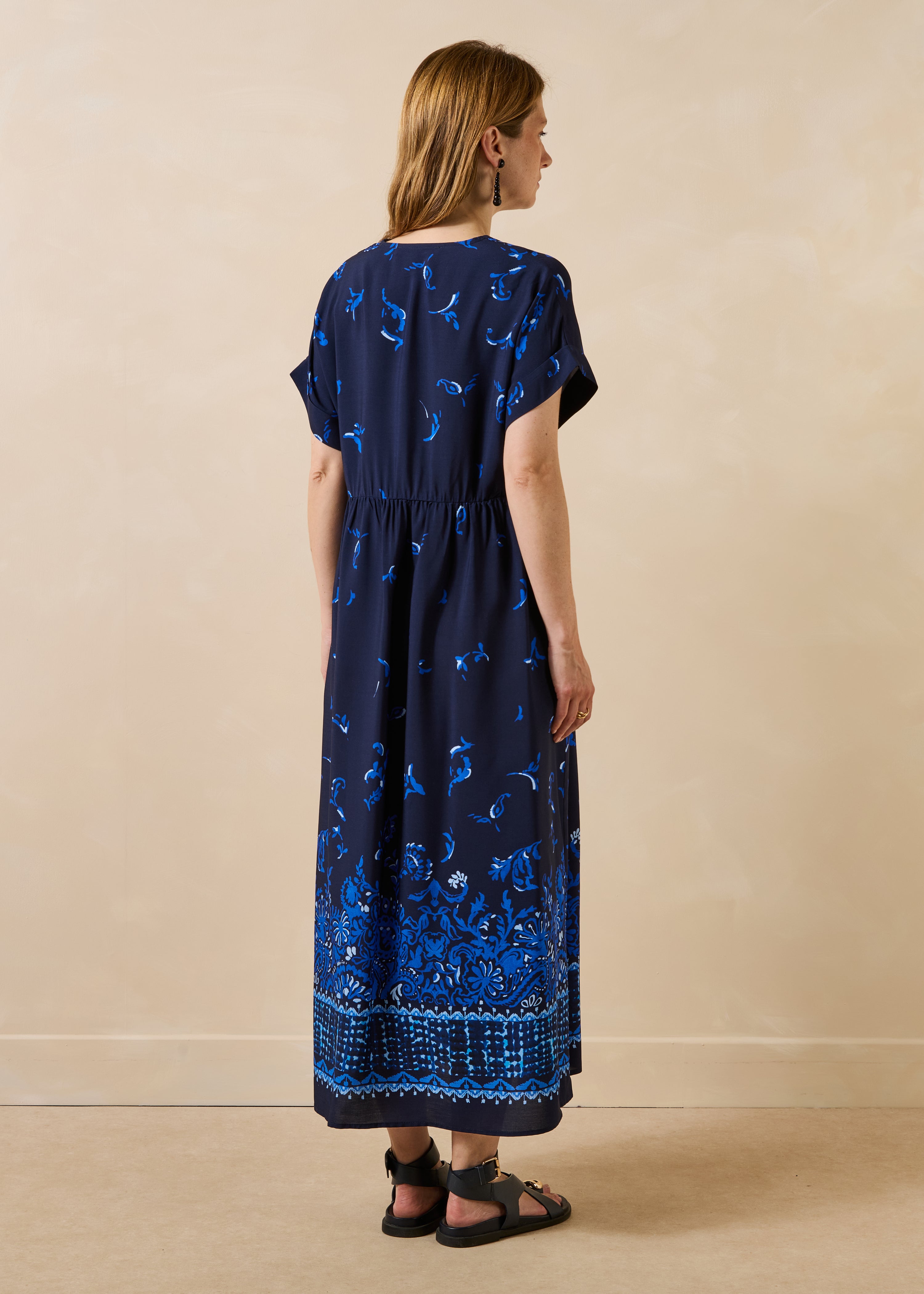 Blue loose flared long dress with print