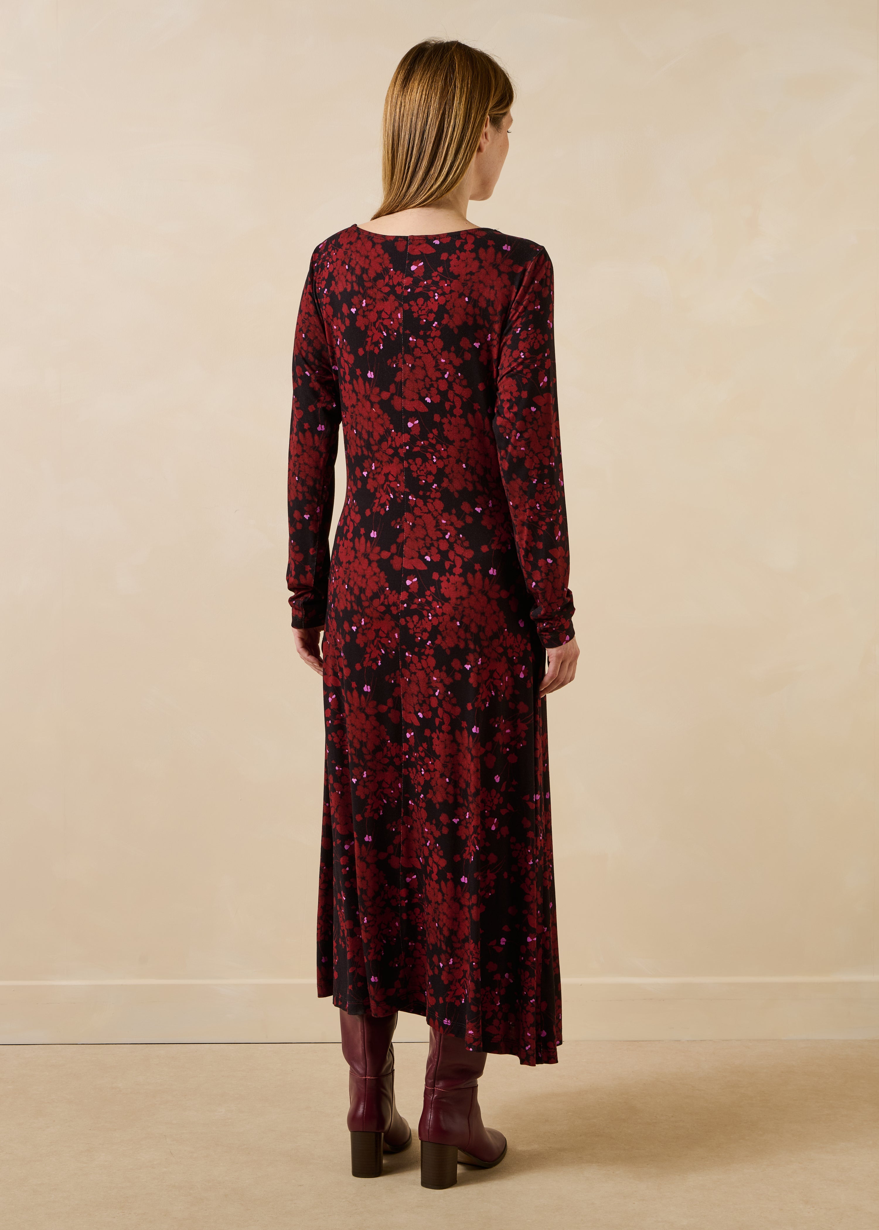 Burgundy and black floral midi dress with belt and long sleeves