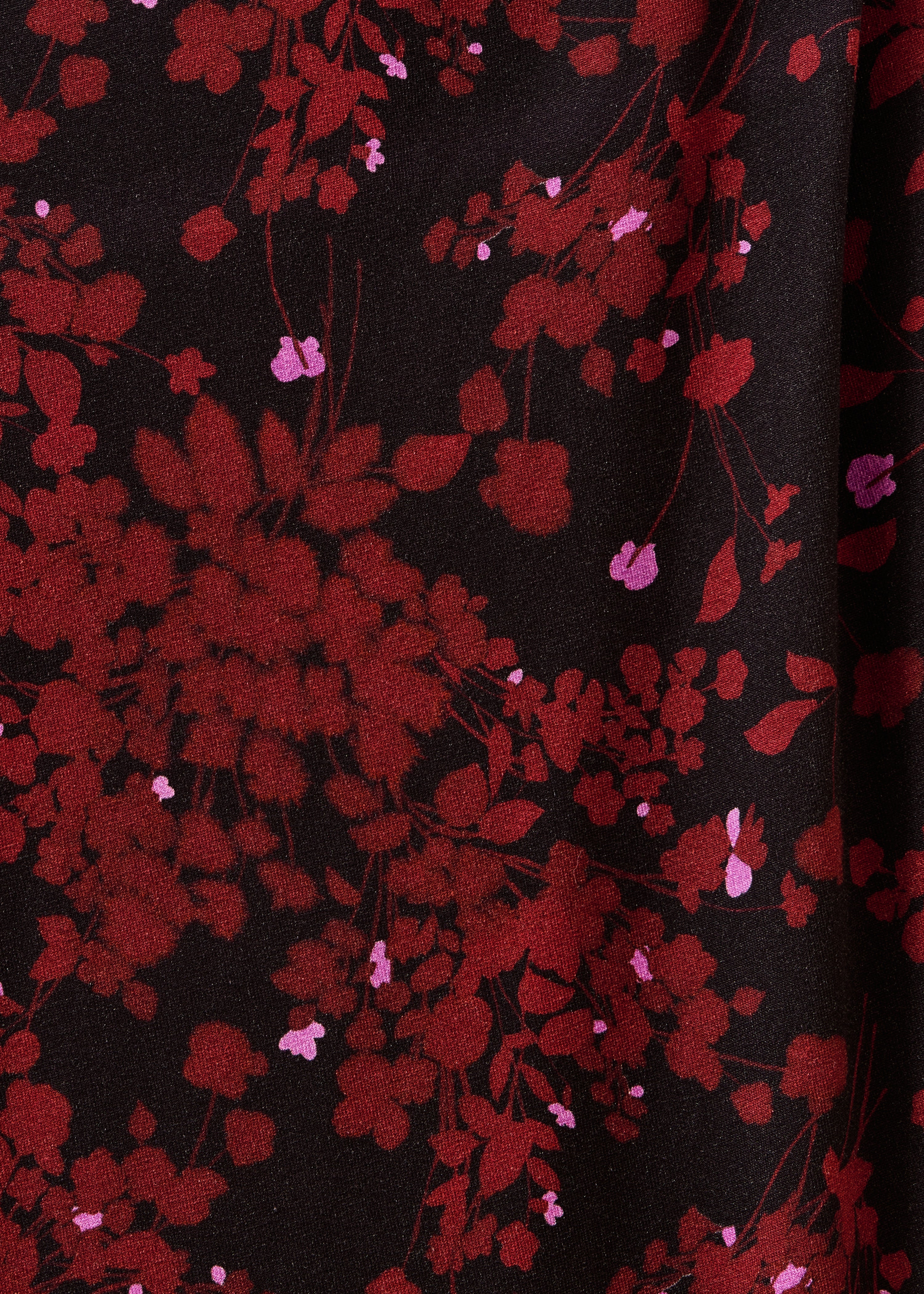 Burgundy and black floral midi dress with belt and long sleeves