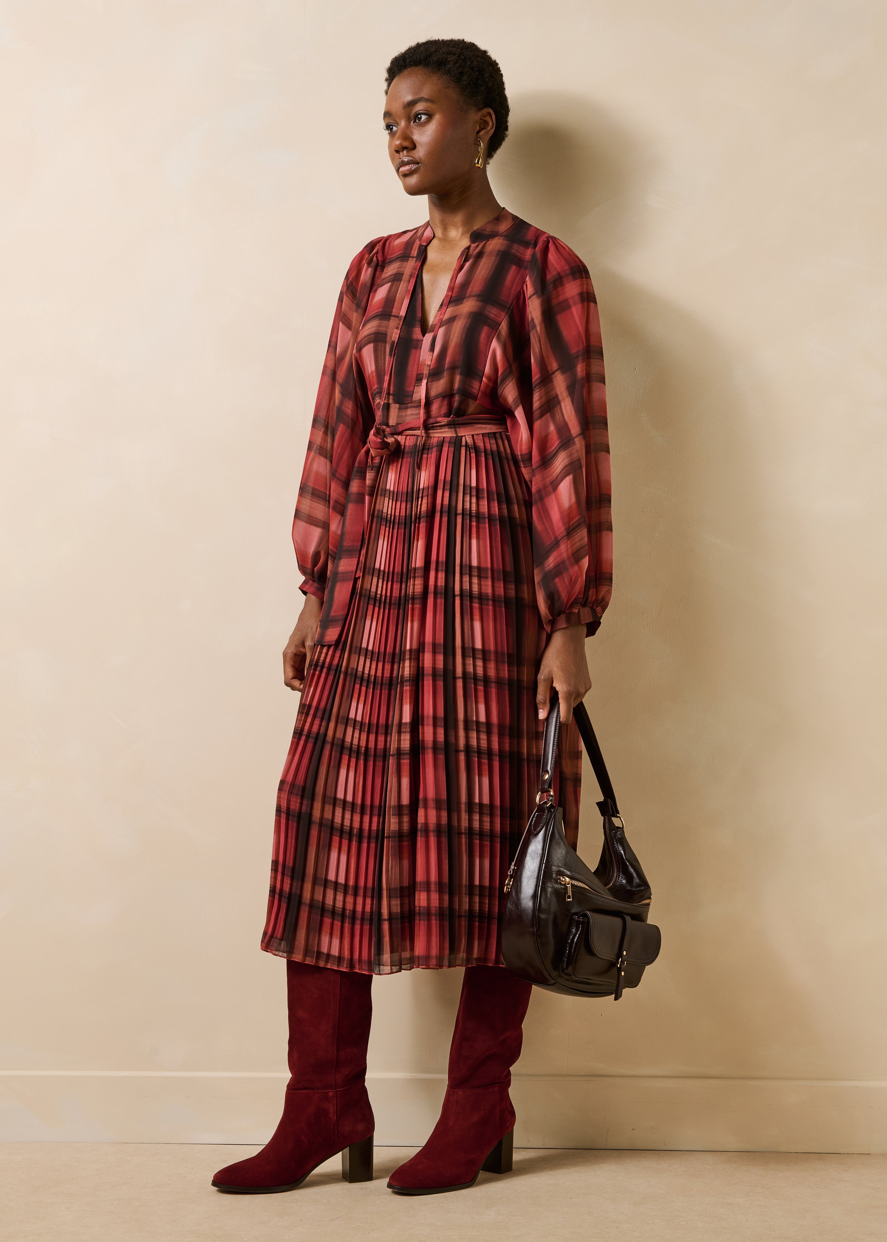 Robe longue terracotta à carreaux manches longues