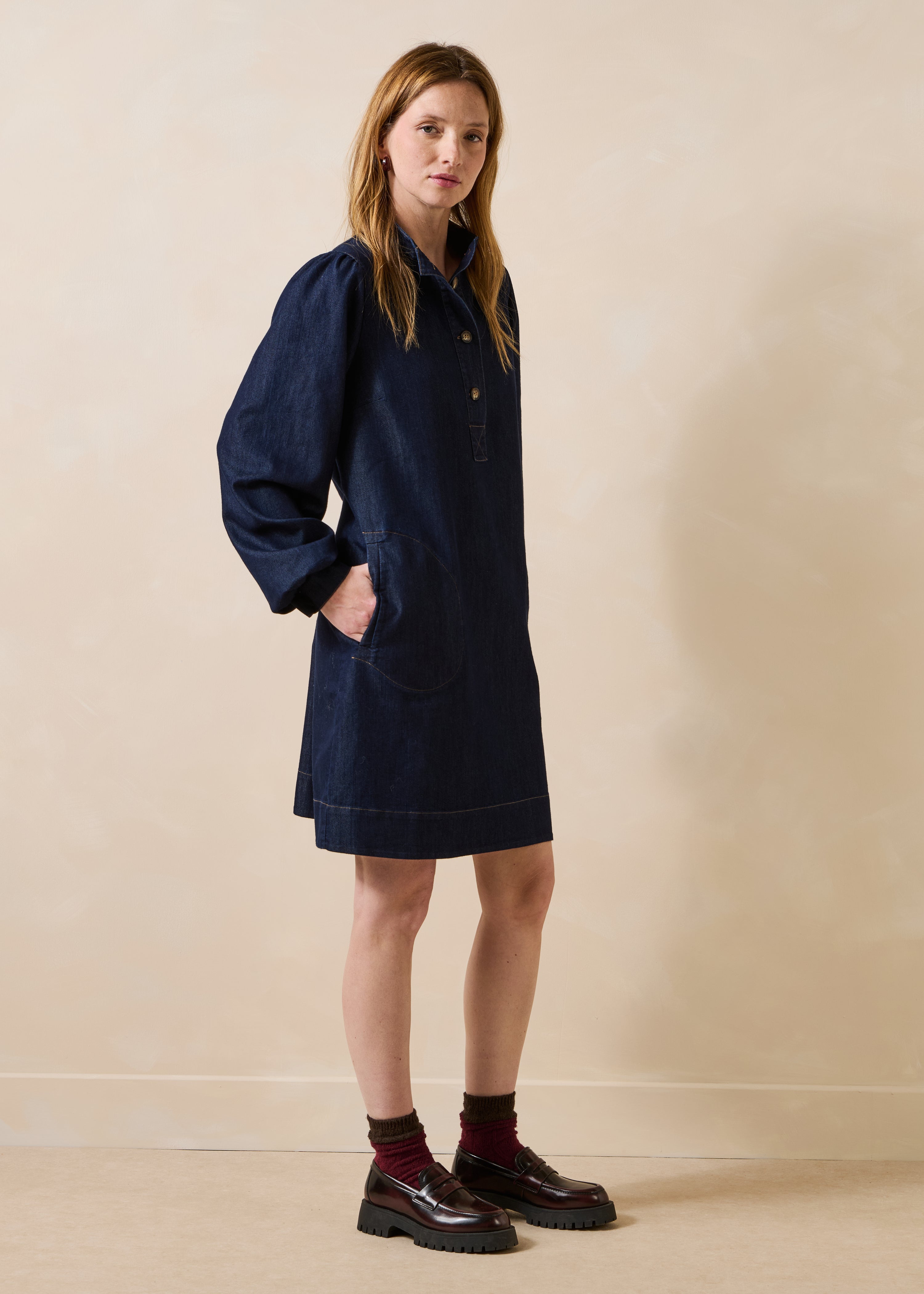 Raw denim short dress with long sleeves and a high collar