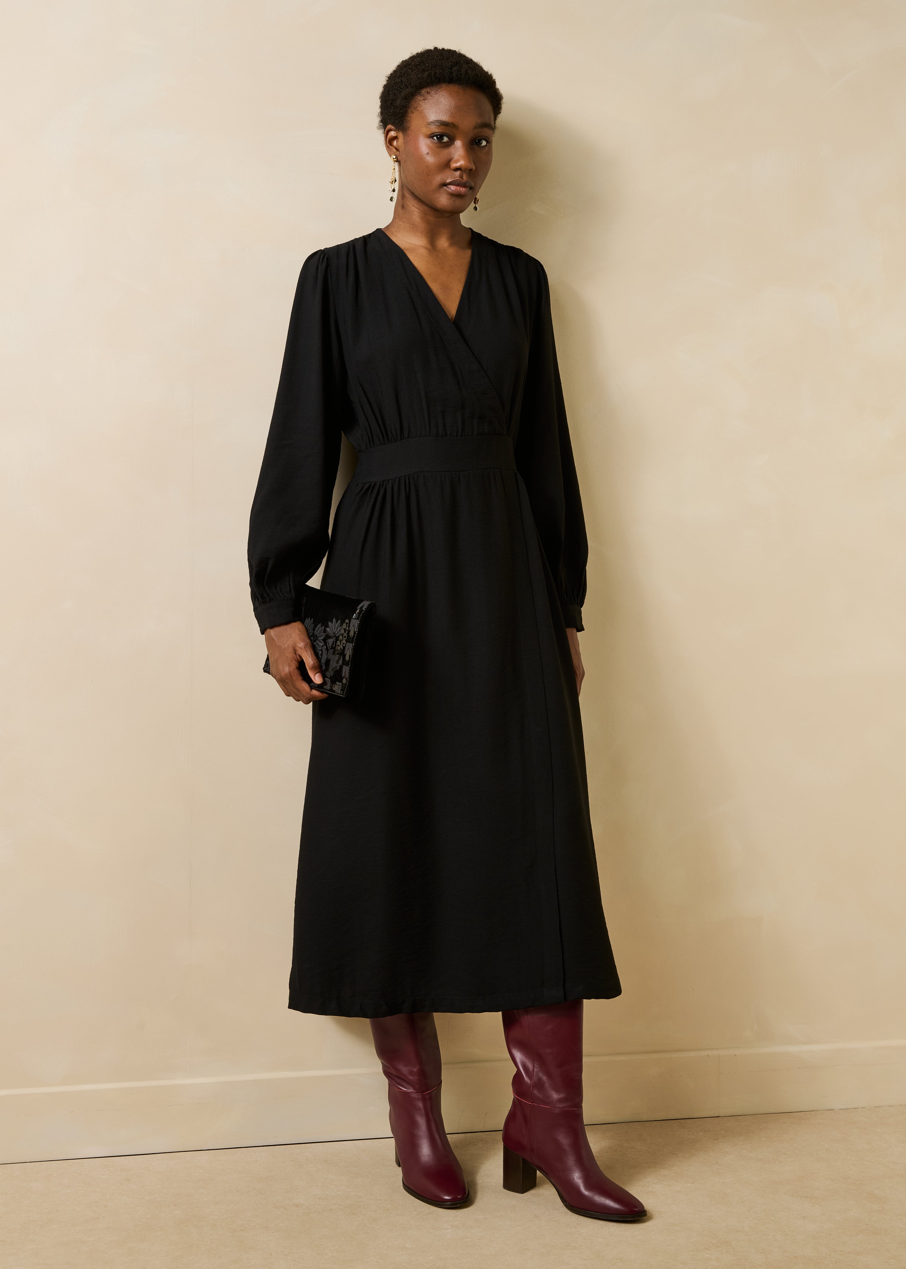 Black fitted long wrap dress