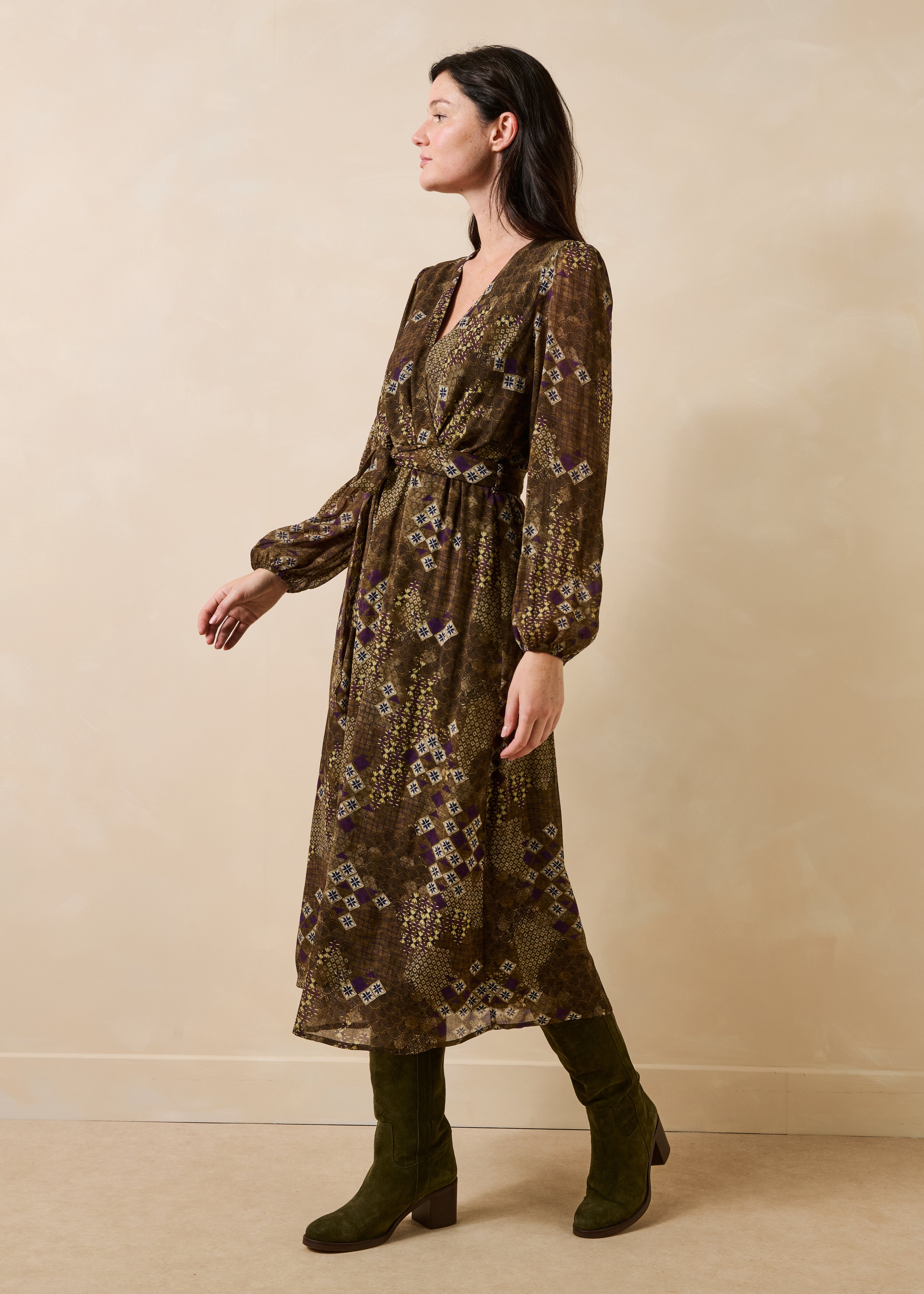 Long green wrap dress with long printed sleeves