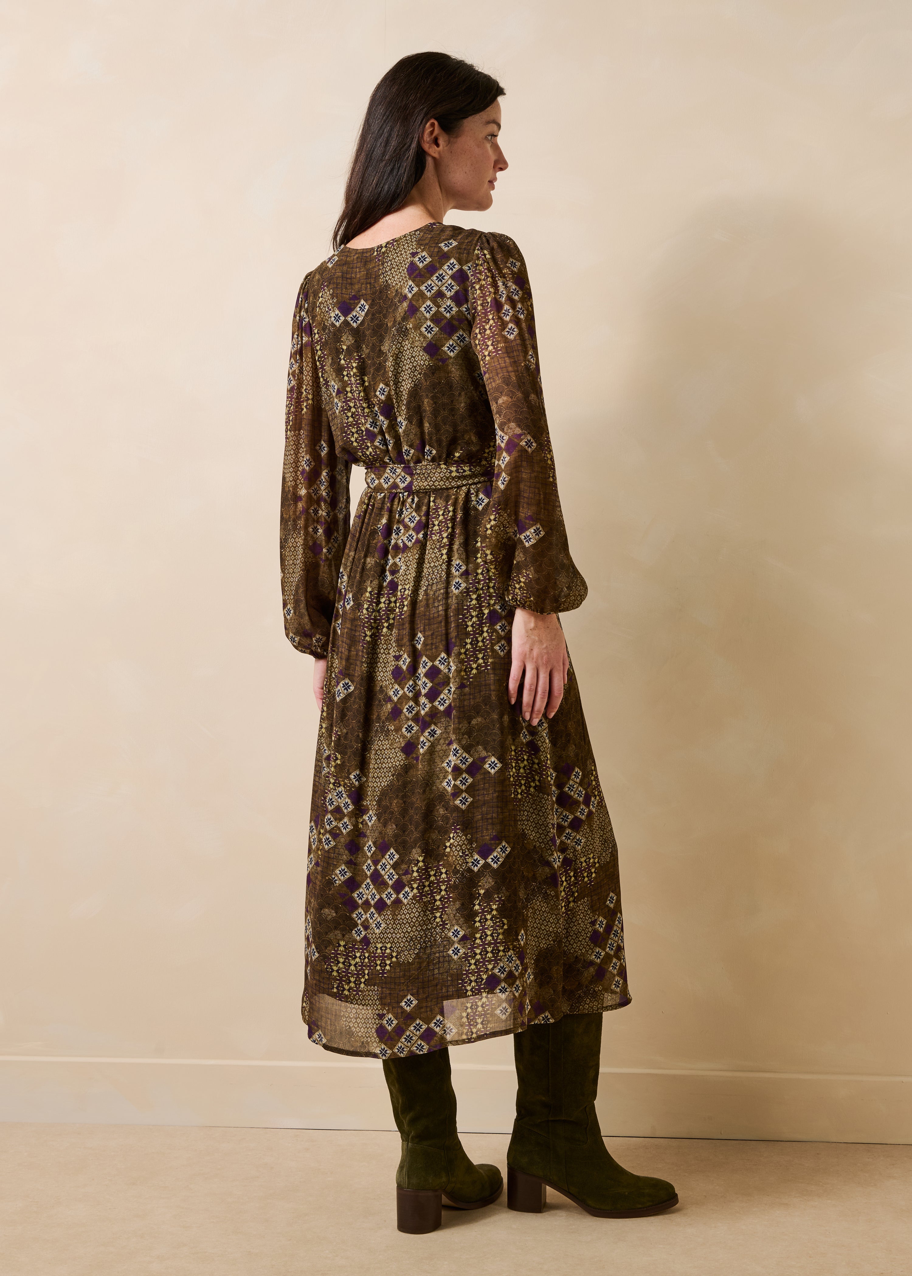 Long green wrap dress with long printed sleeves