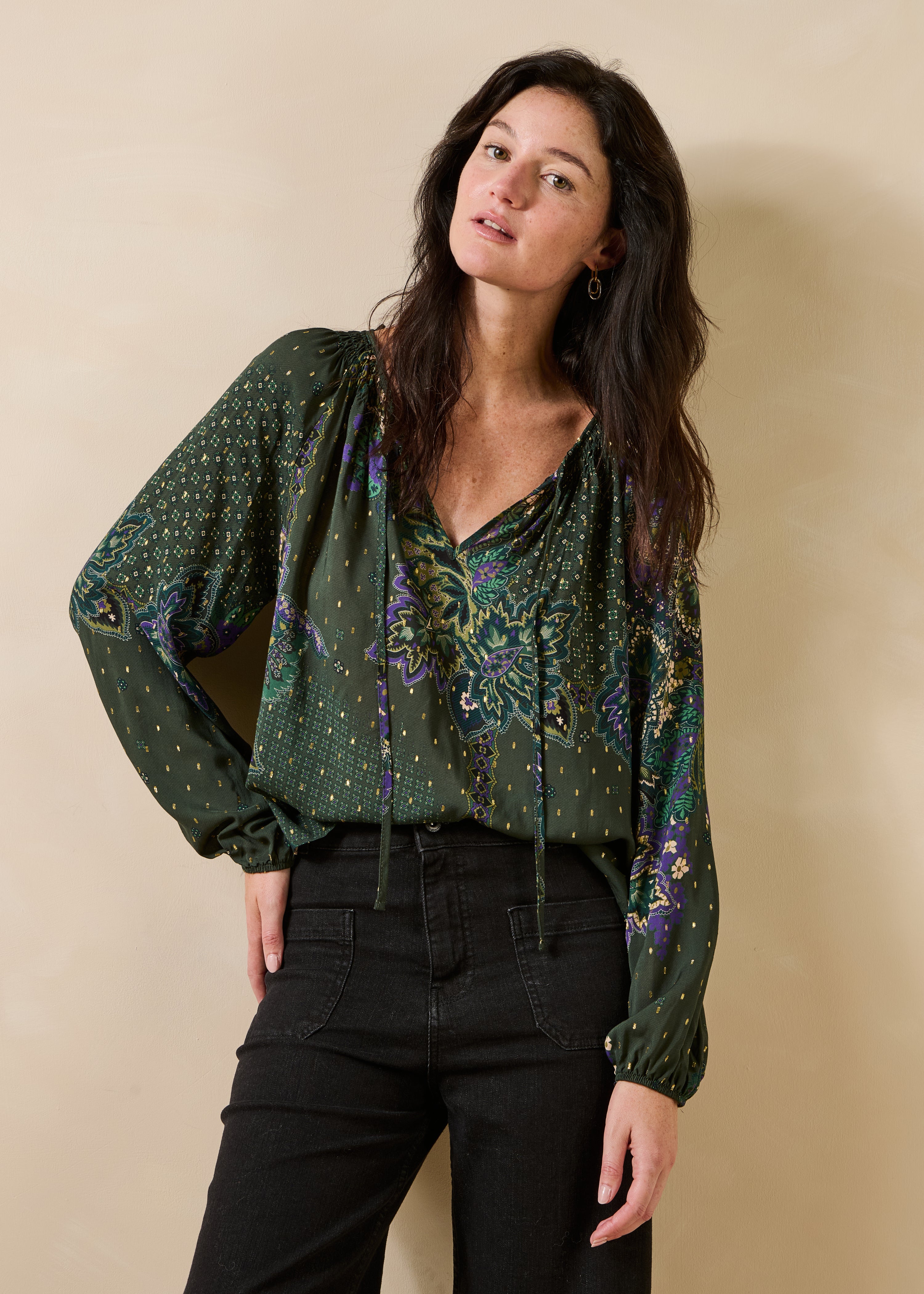 Loose green top with print