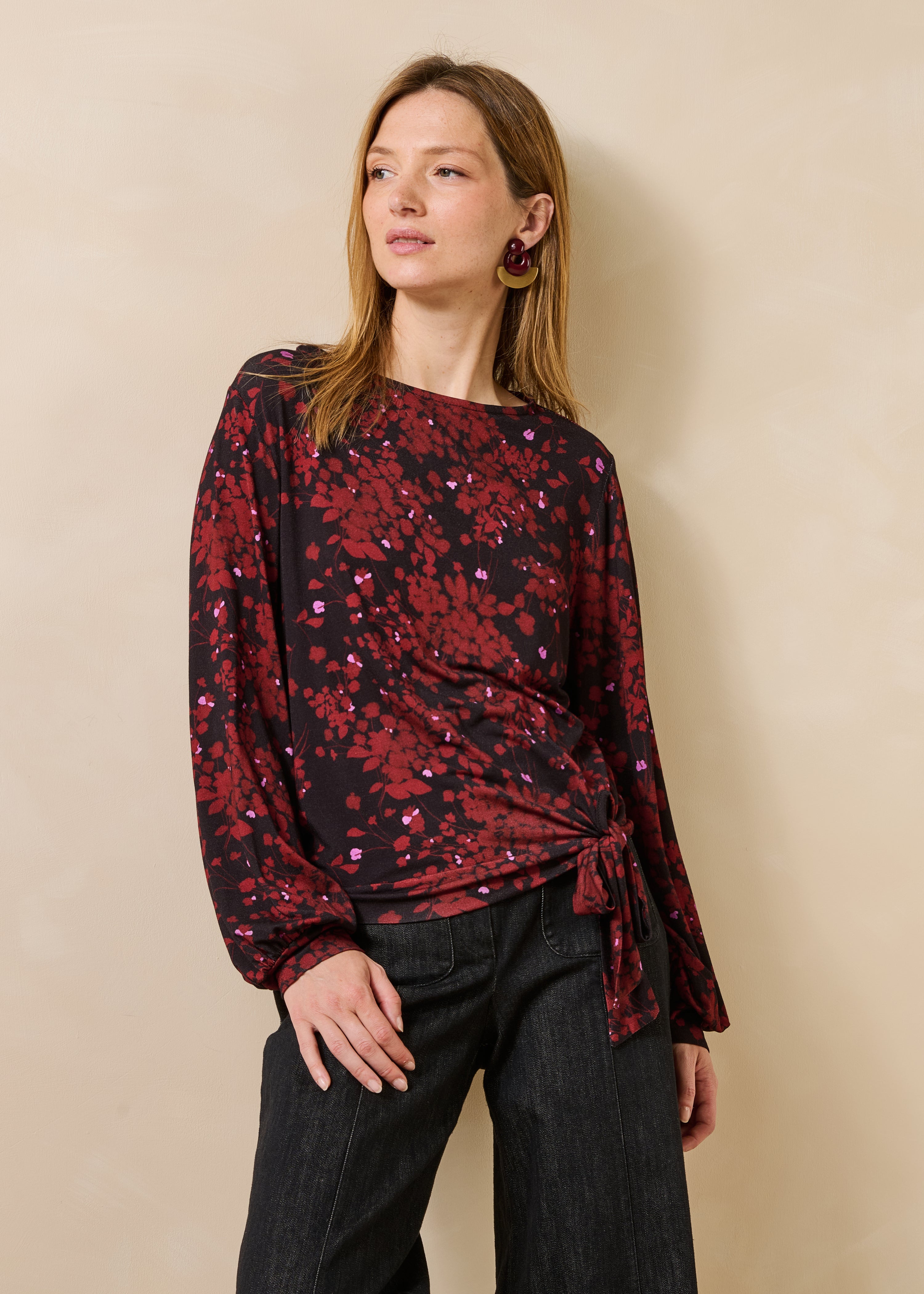Burgundy and black floral long-sleeve T-shirt