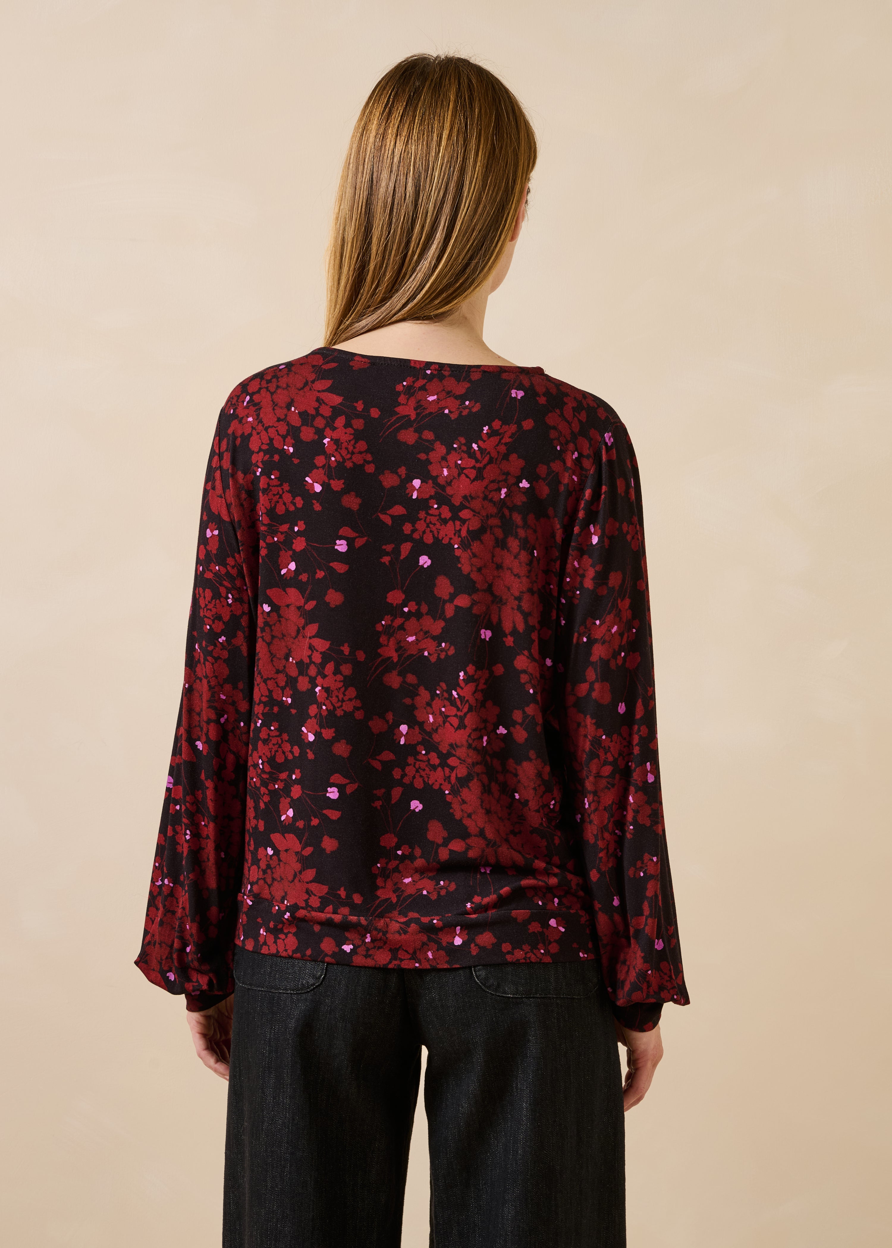 Burgundy and black floral long-sleeve T-shirt