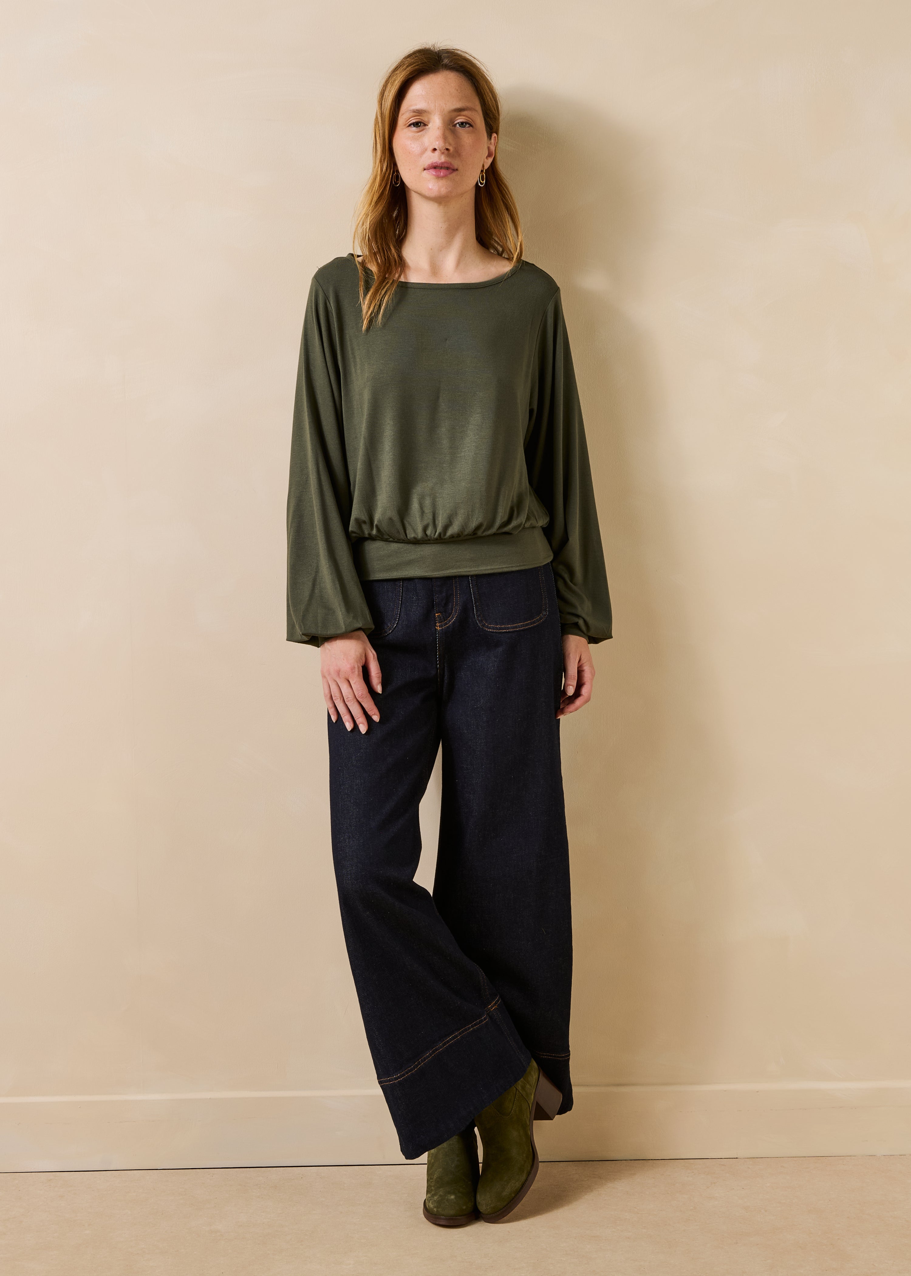Oversized long-sleeve khaki T-shirt in modal