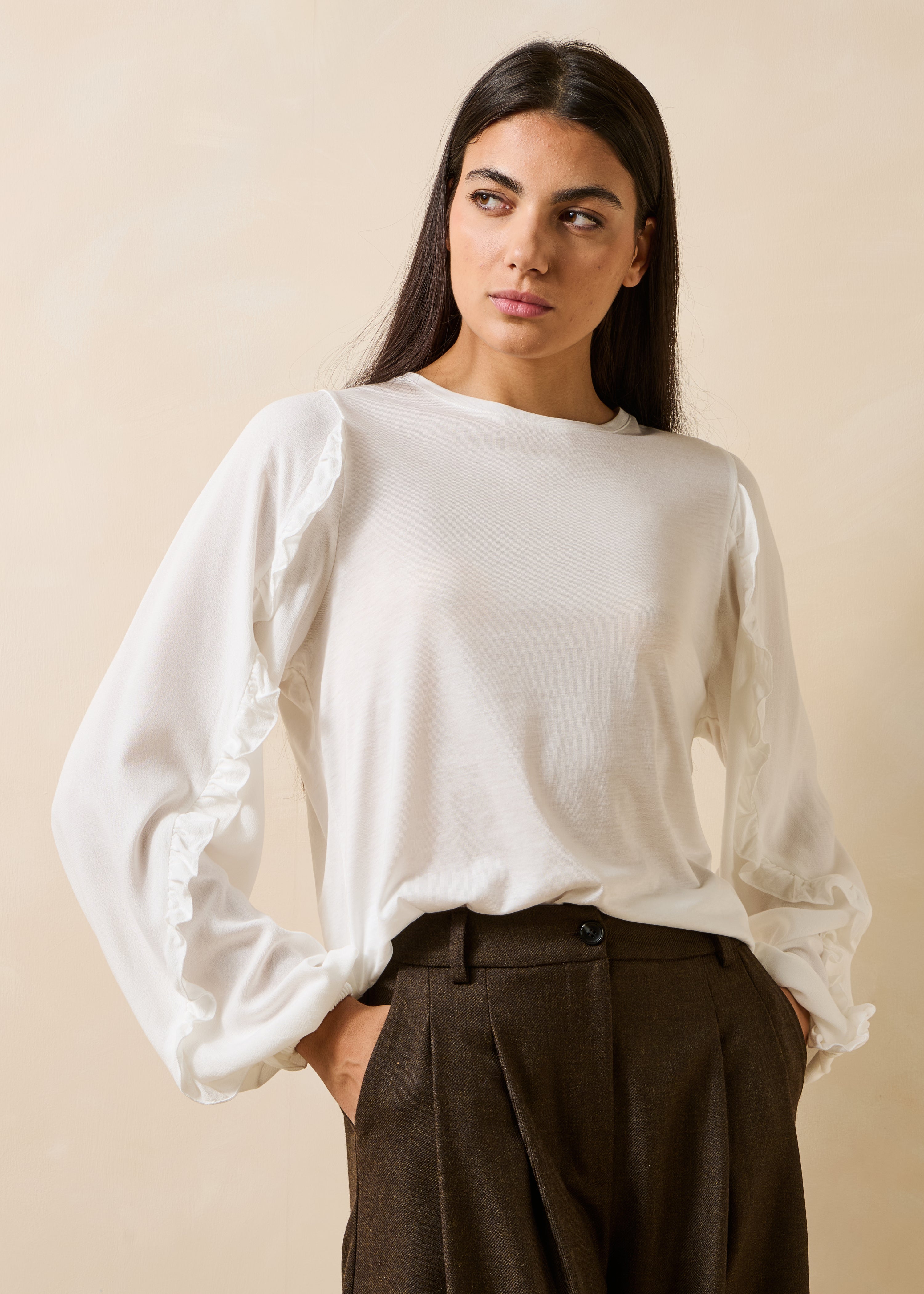 Ecru lyocell long-sleeve T-shirt with round neckline
