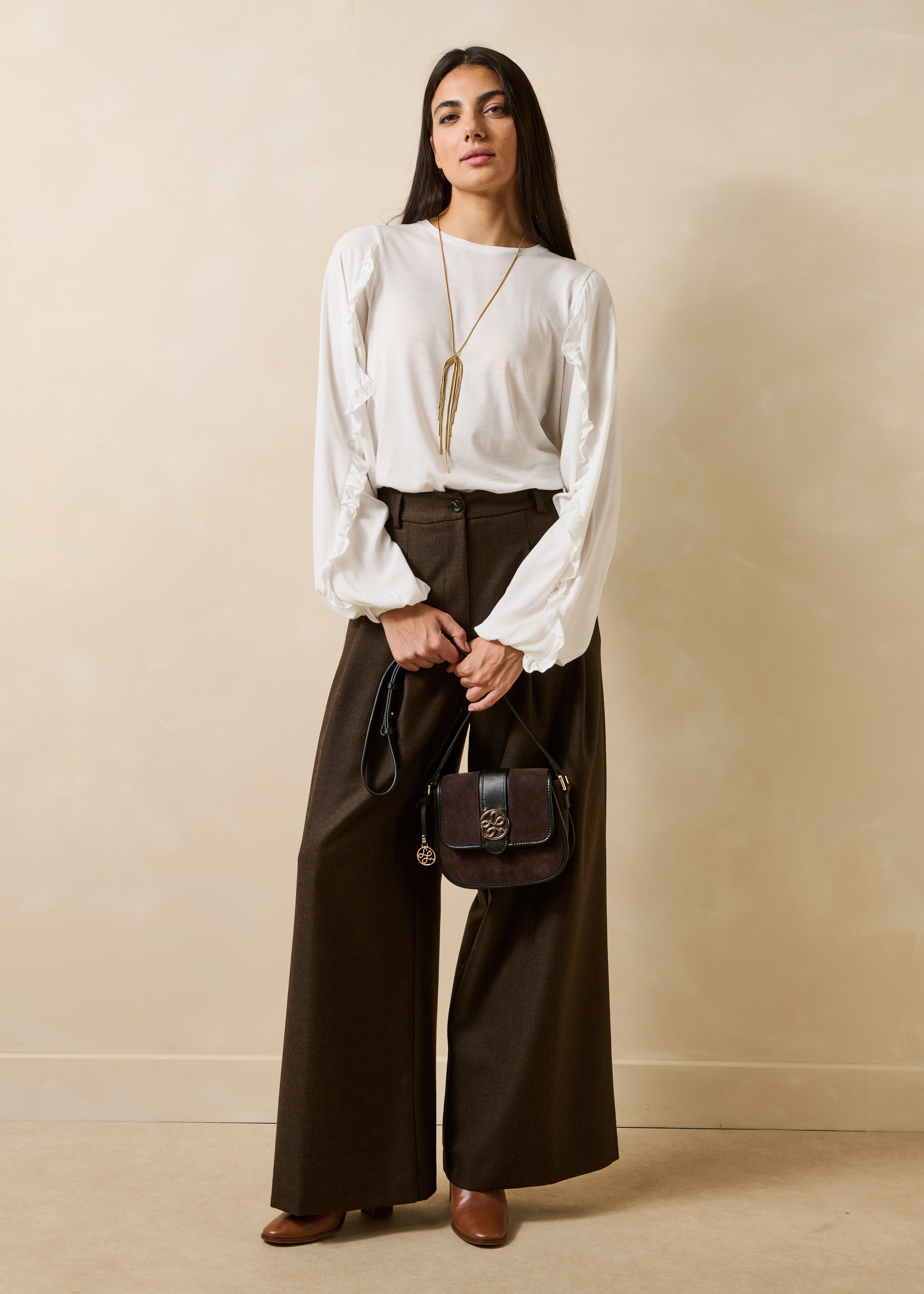 Ecru lyocell long-sleeve T-shirt with round neckline