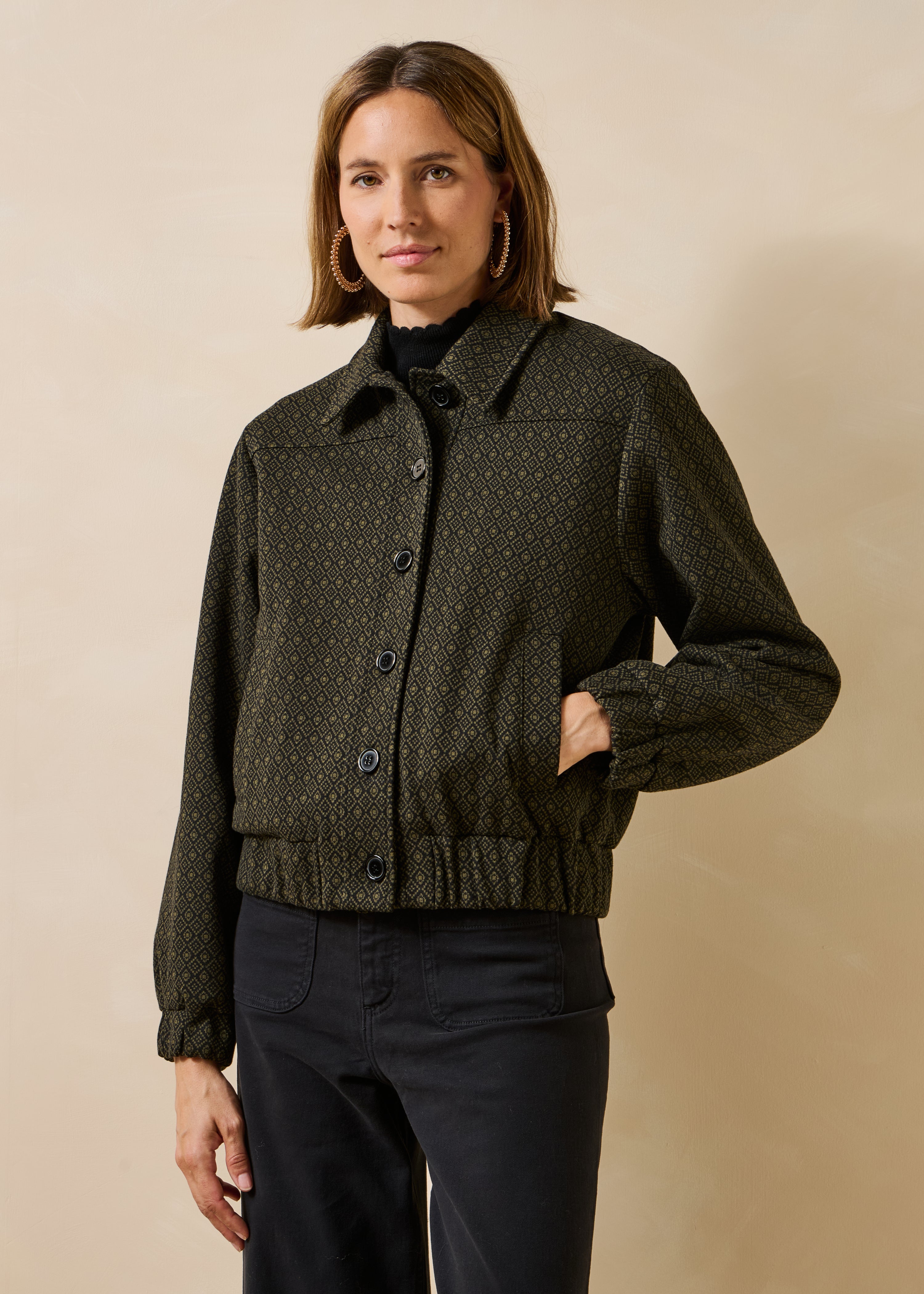 Long-sleeve khaki jacket in milano jacquard