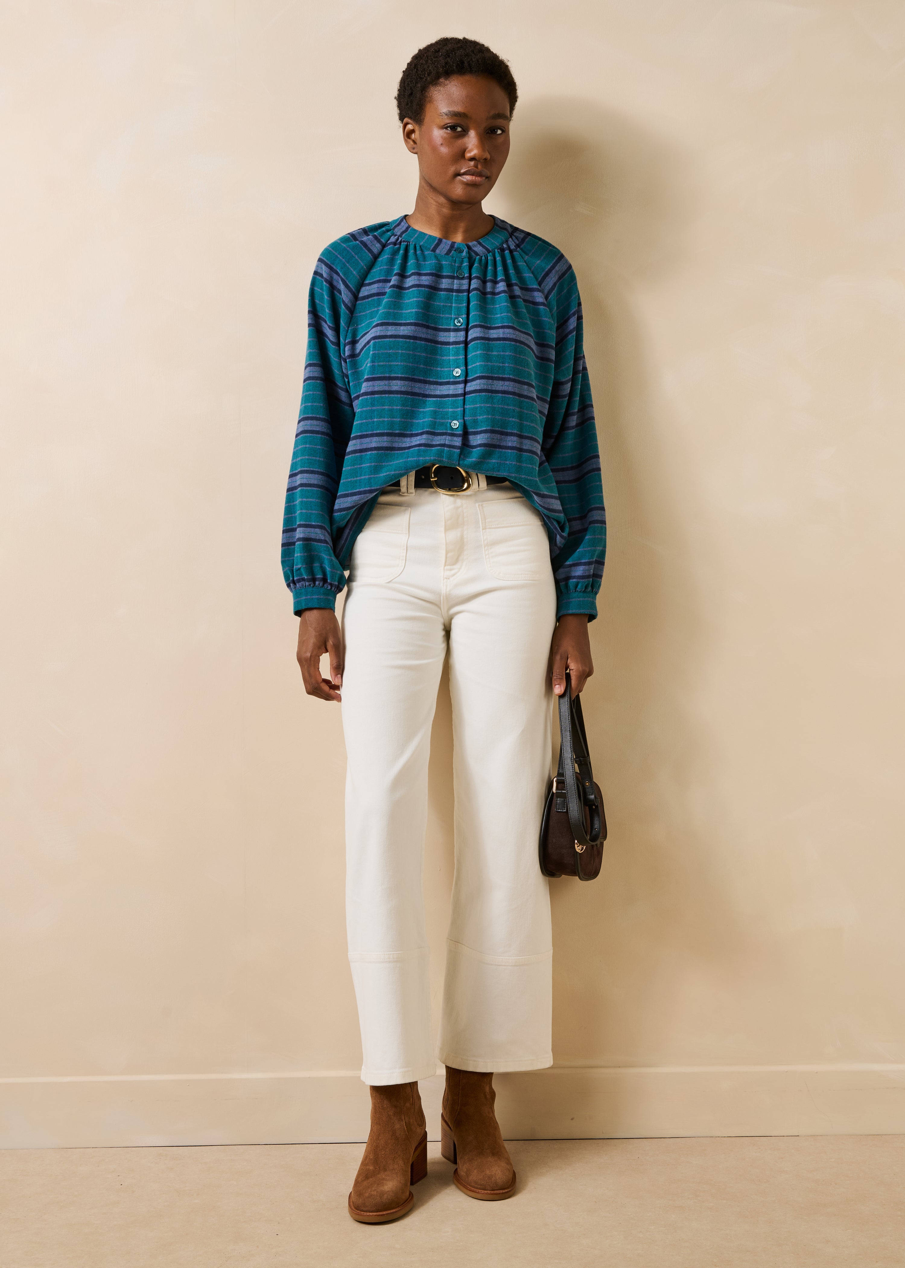 Camicia ampia blu petrolio a righe maniche lunghe
