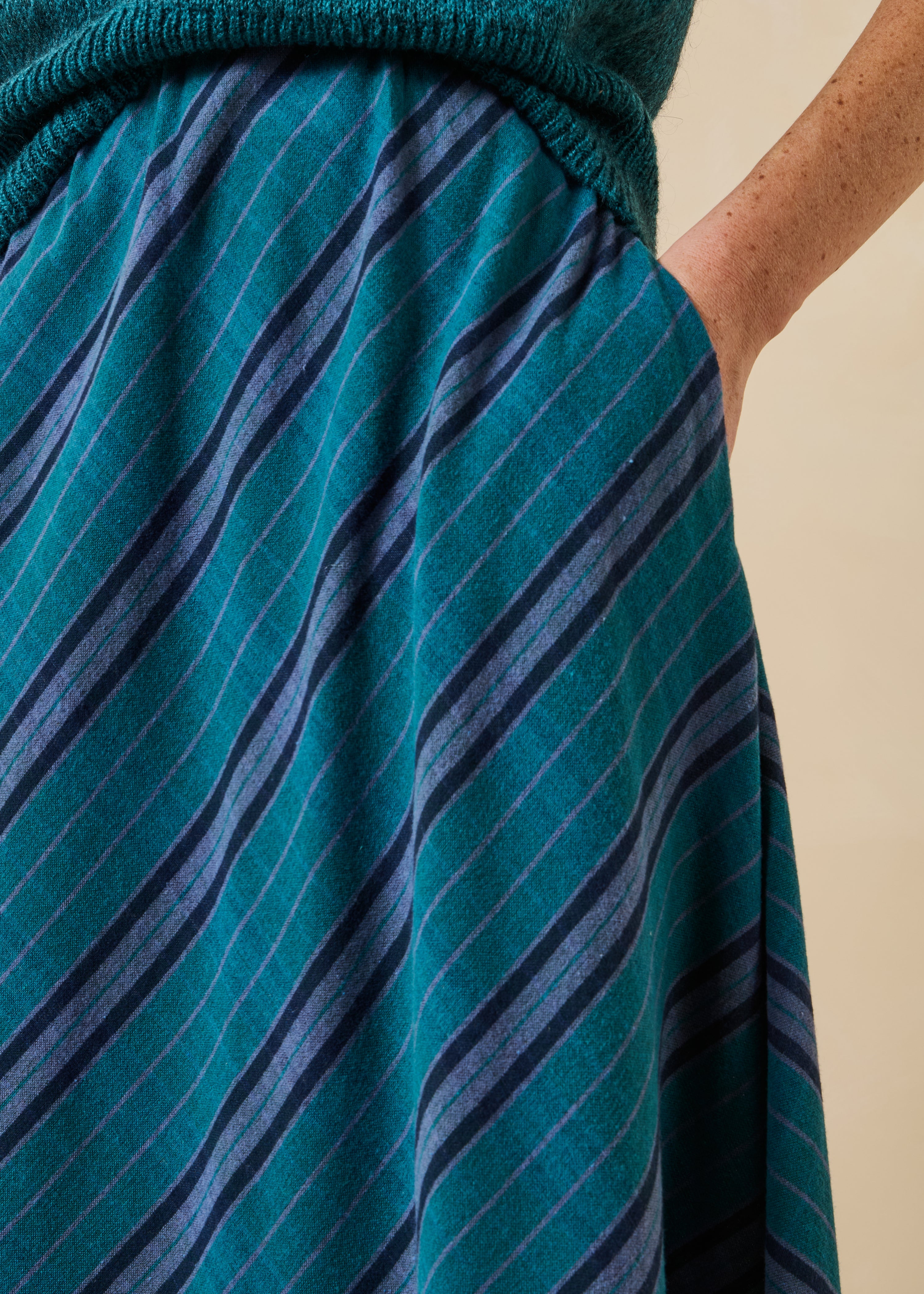 Elasticated petrol blue midi skirt with stripes