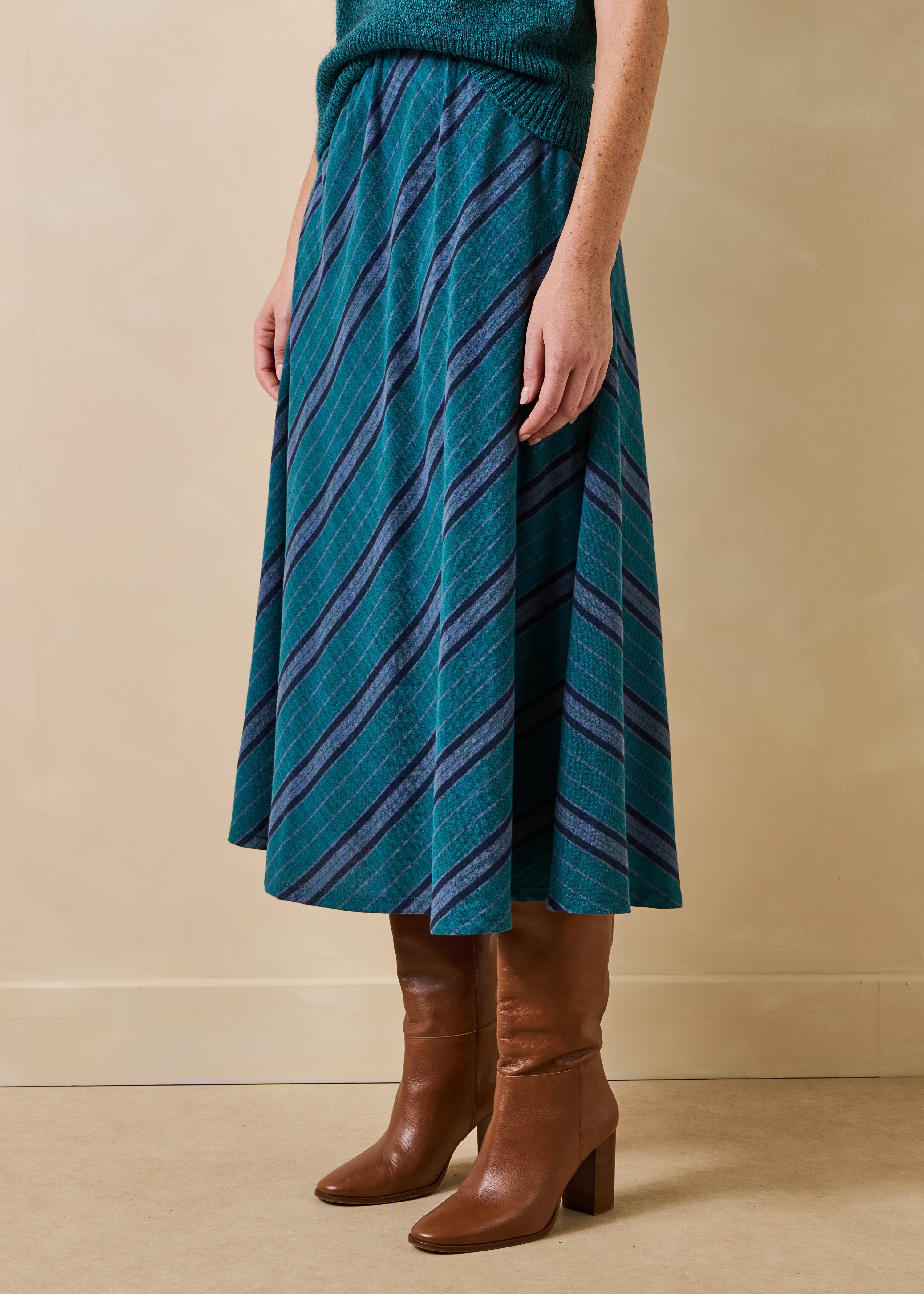 Elasticated petrol blue midi skirt with stripes
