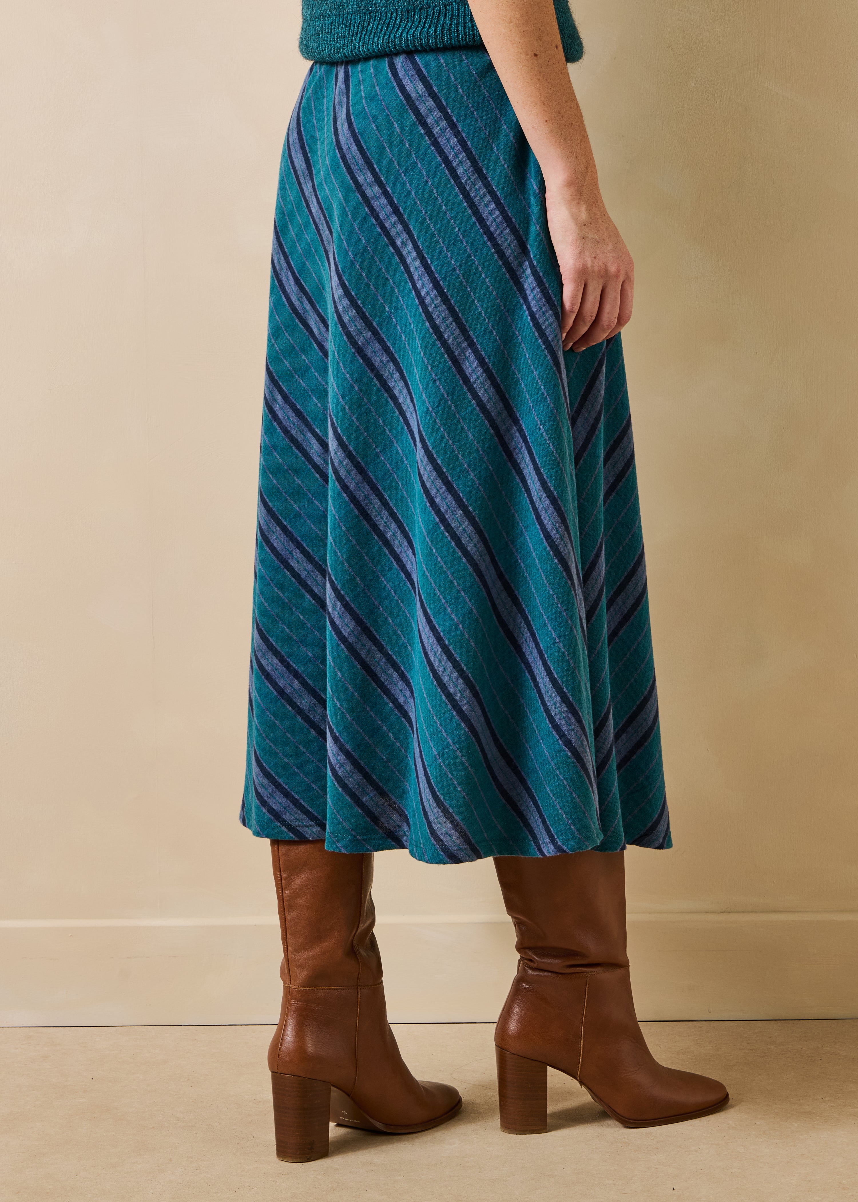 Elasticated petrol blue midi skirt with stripes